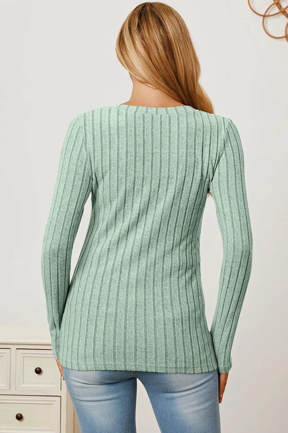 Basic Bae Full Size Ribbed V-Neck Long Sleeve T-Shirt - ELY VESSA LLC