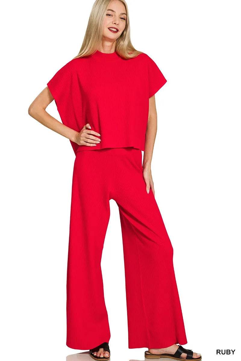 Zenana Viscose Sweater Short Sleeve Top and Pants Set - ELY VESSA LLC