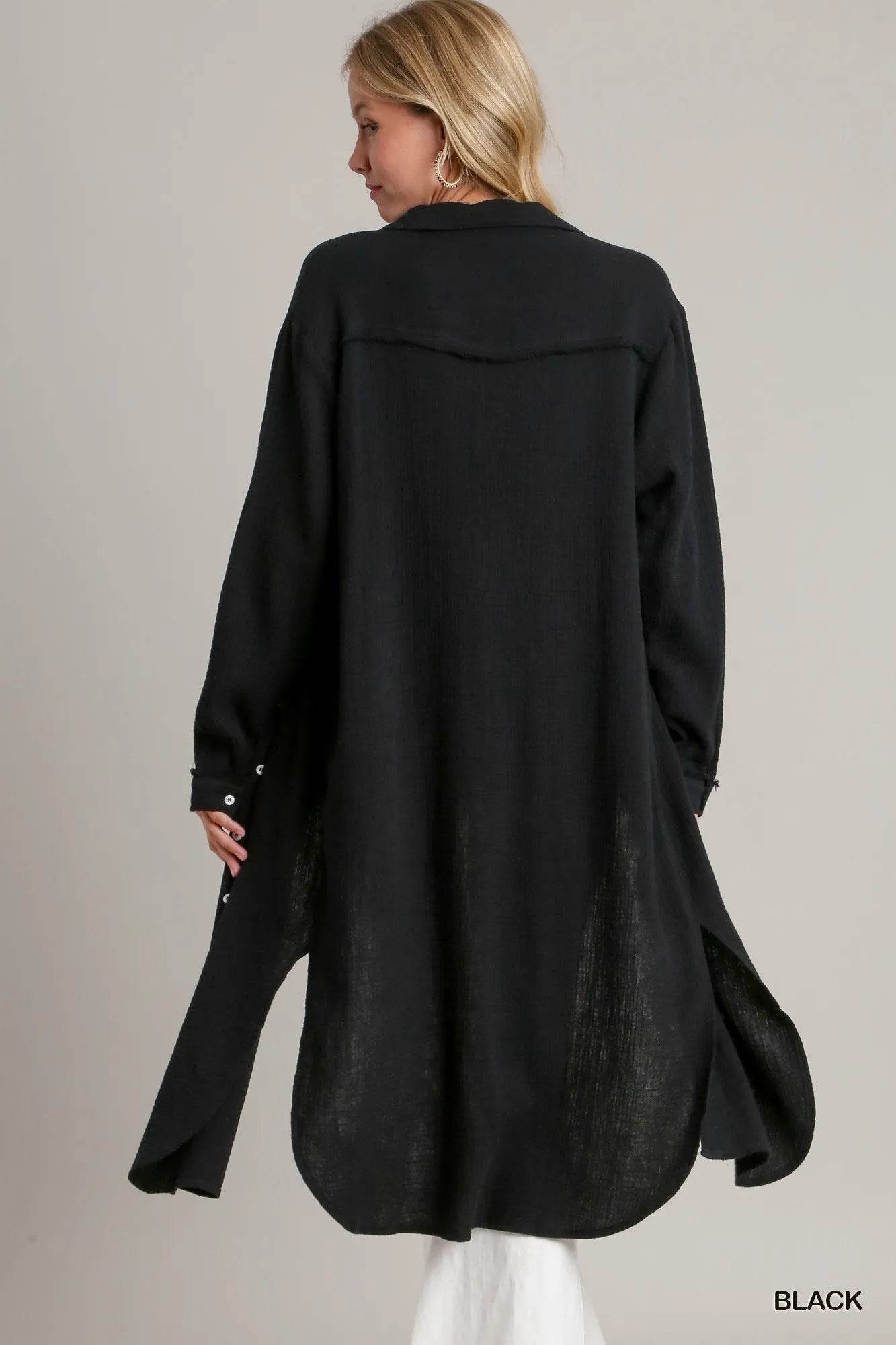 Umgee Cotton Gauze Button Down Shirt Dress - ELY VESSA LLC