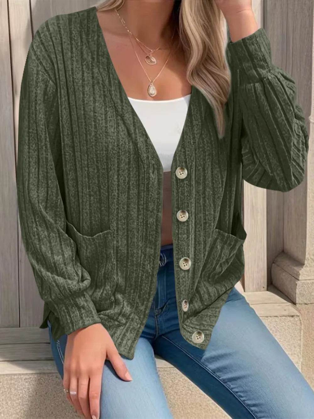 Full Size Button Up V-Neck Long Sleeve Cardigan - ELY VESSA LLC