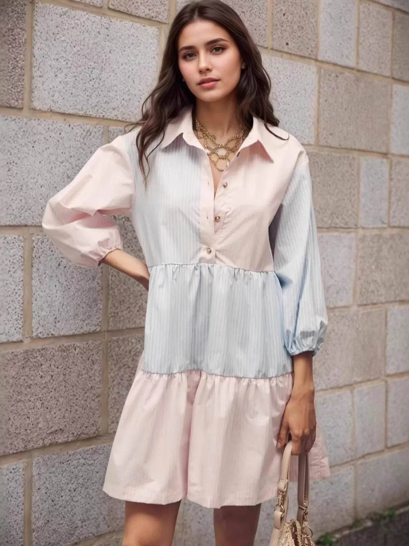Tiered Button-Front Shirt Dress - ELY VESSA LLC