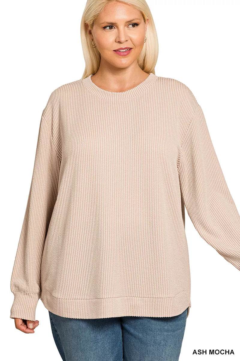 Zenana Full Size Raised Rib Round Neck Long Sleeve Top Plus Size - ELY VESSA LLC