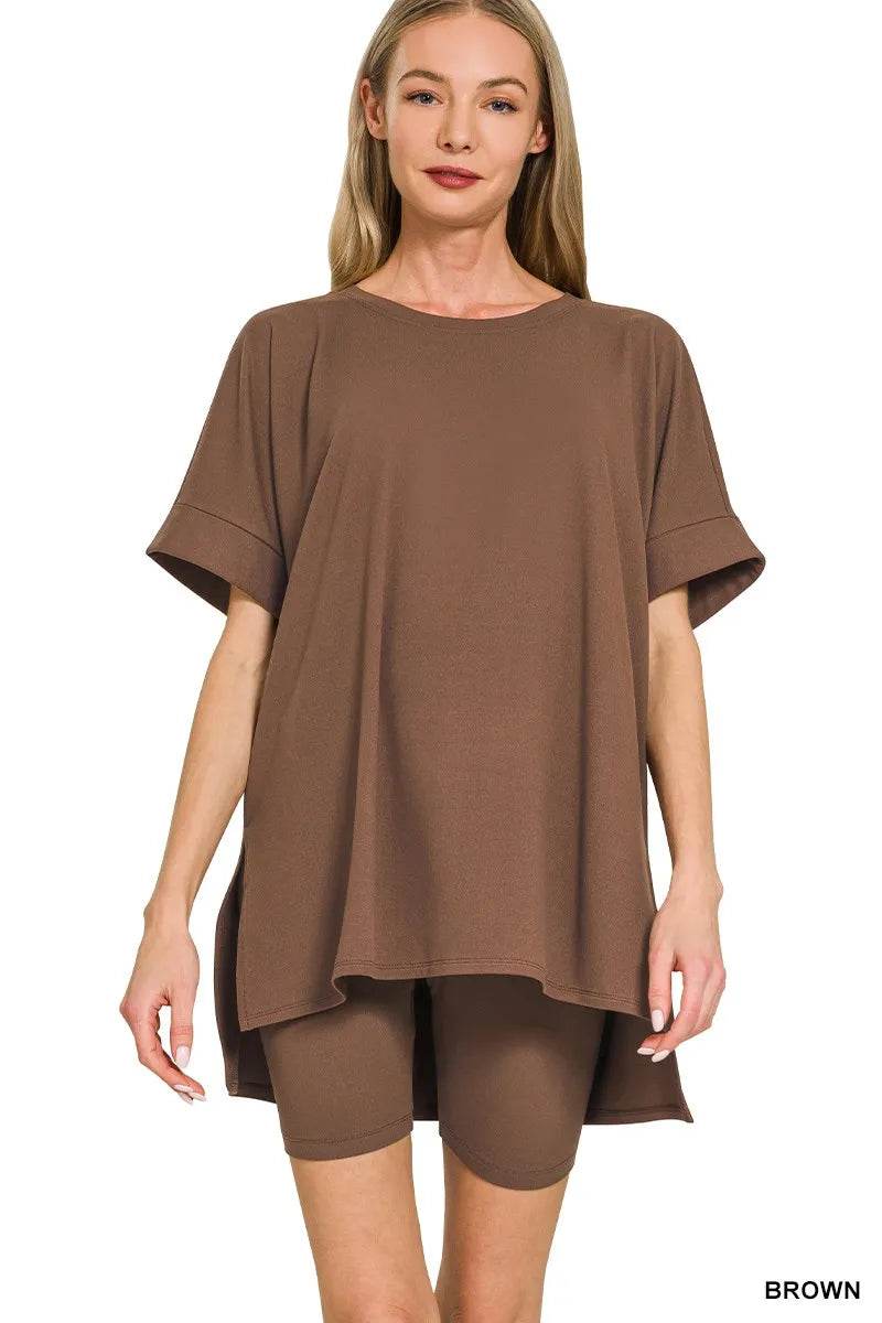 Zenana Full Size Brushed Dty Microfiber Round Neck Top and Biker Shorts Set Plus Size - ELY VESSA LLC