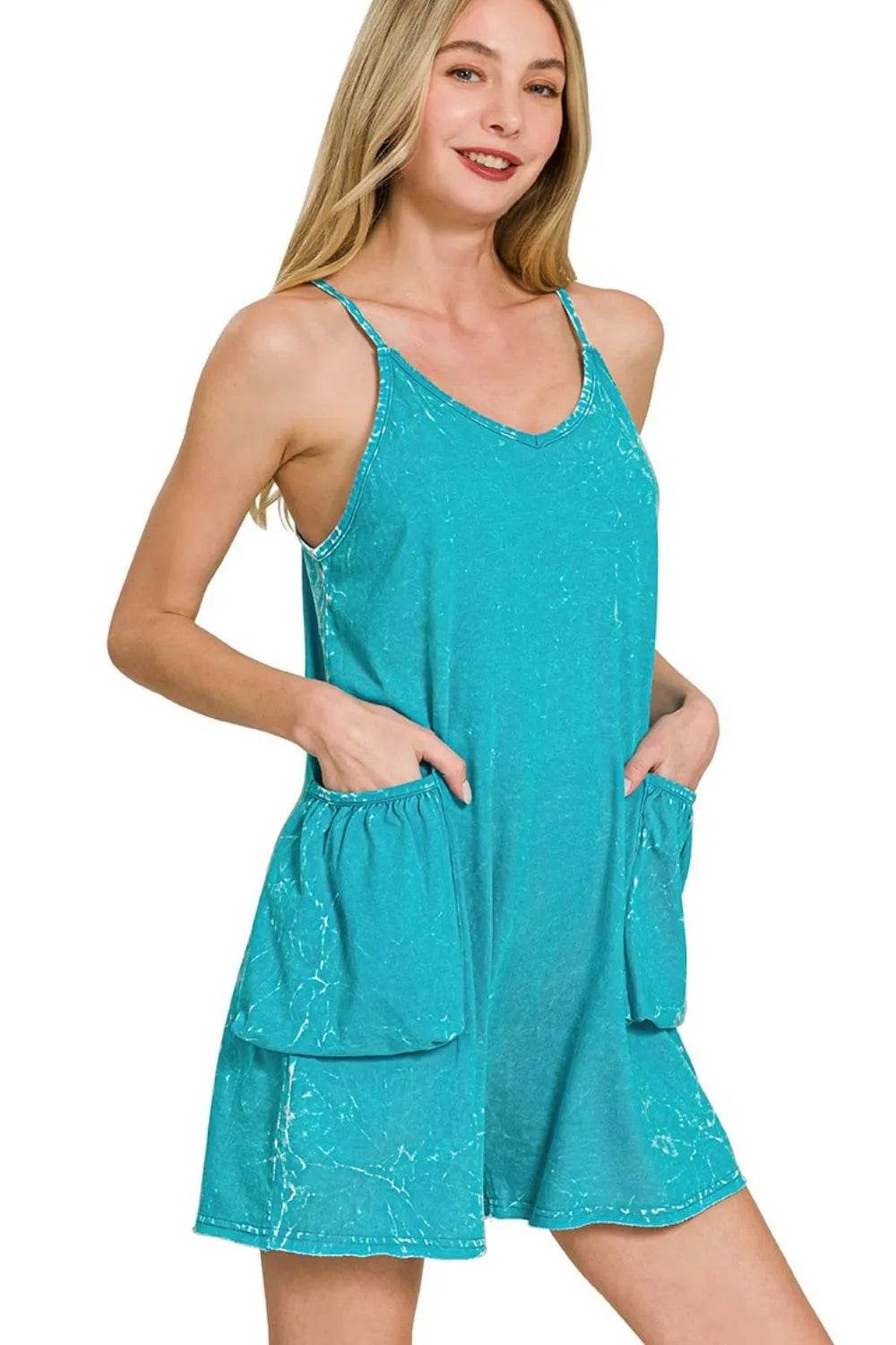 Zenana Acid Crinkle Washed Spaghetti Strap Romper - ELY VESSA LLC