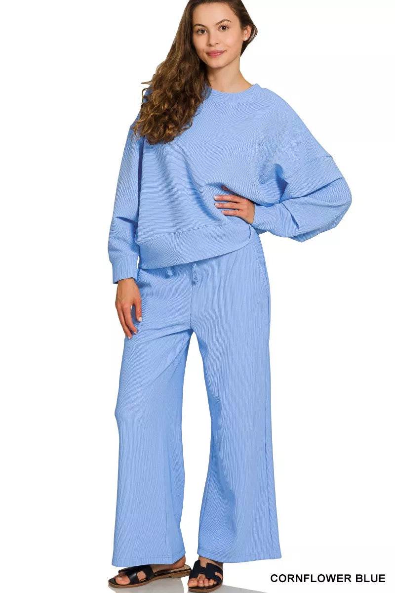Zenana Ribbed Round Neck Pullover and Drawstring Pants Set - ELY VESSA LLC