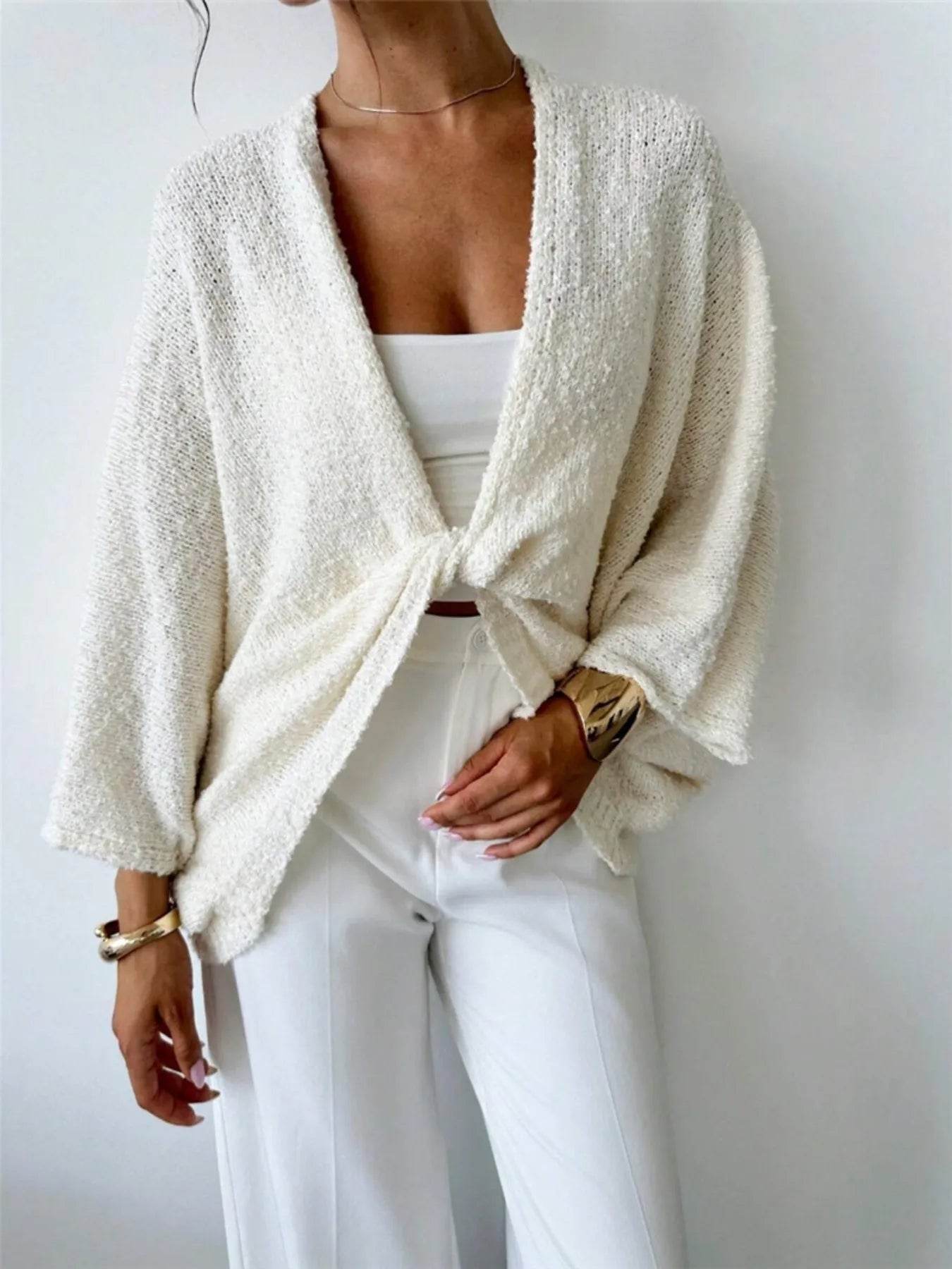 Twist-Front Textured Knit Cardigan - ELY VESSA LLC