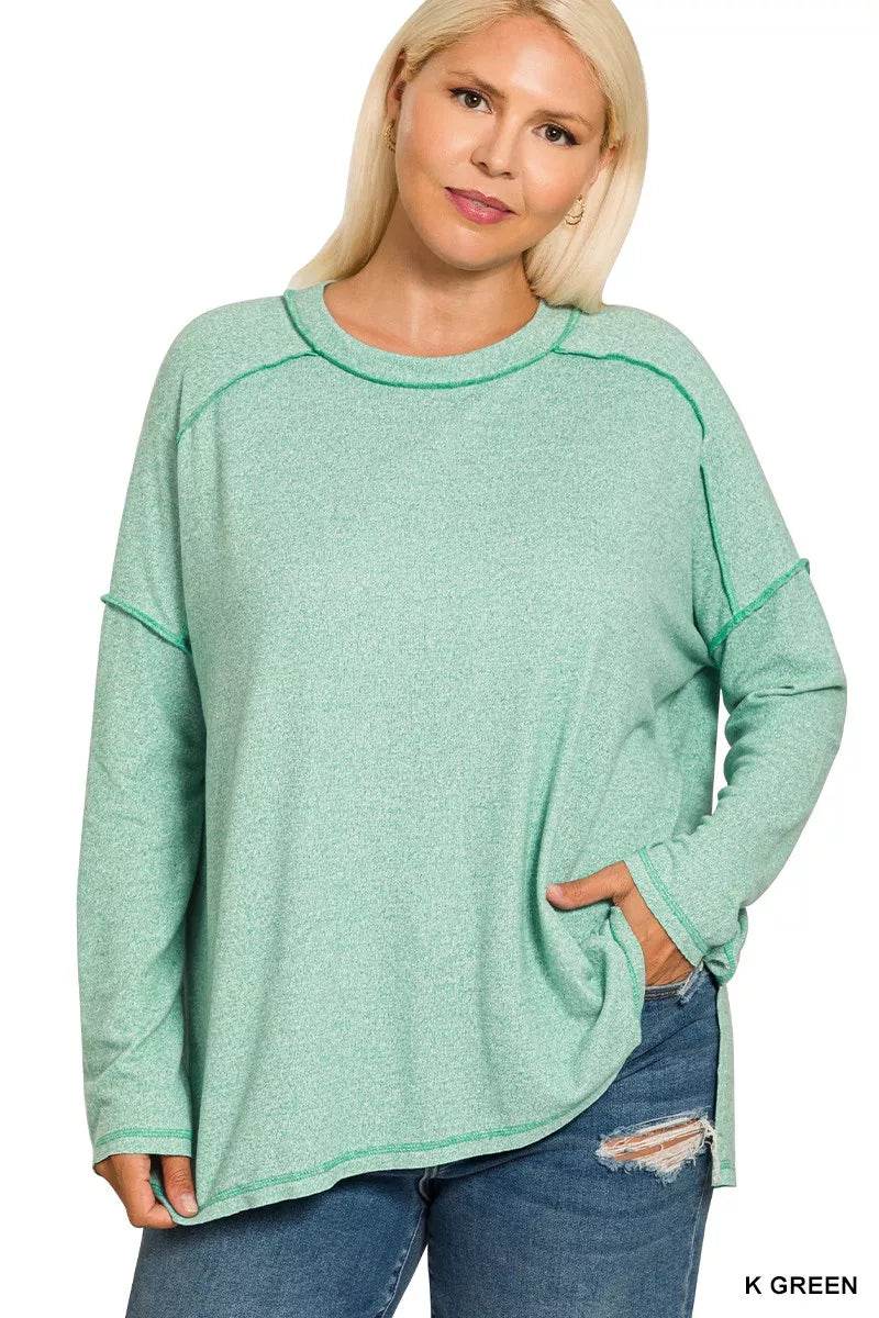 Zenana Full Size Melange Hacci Exposed Seam Hi-low Tee Plus Size - ELY VESSA LLC