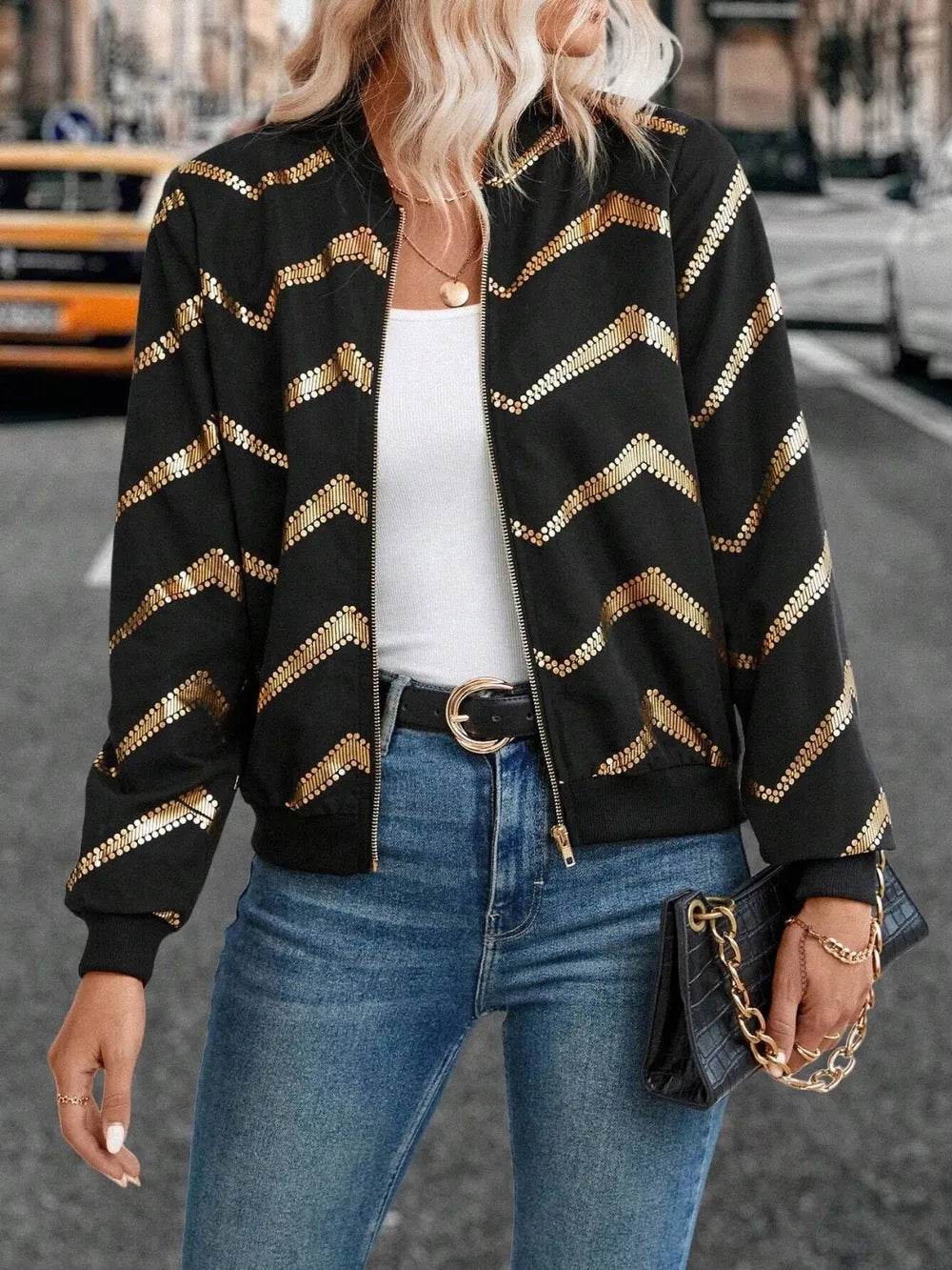 Printed Baseball Collar Zip Up Jacket - ELY VESSA LLC