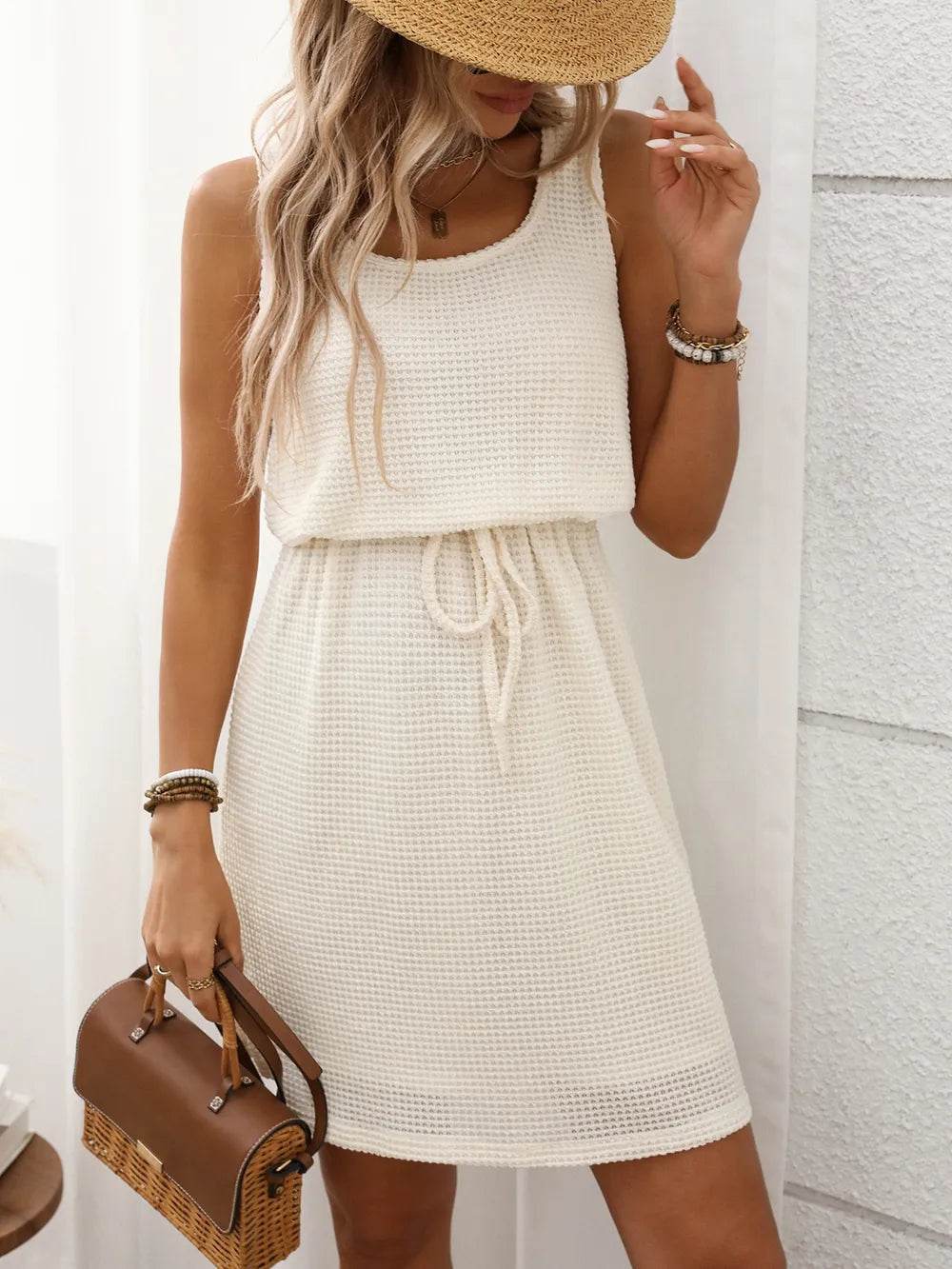 Waffle-Knit Drawstring Mini Tank Dress - ELY VESSA LLC