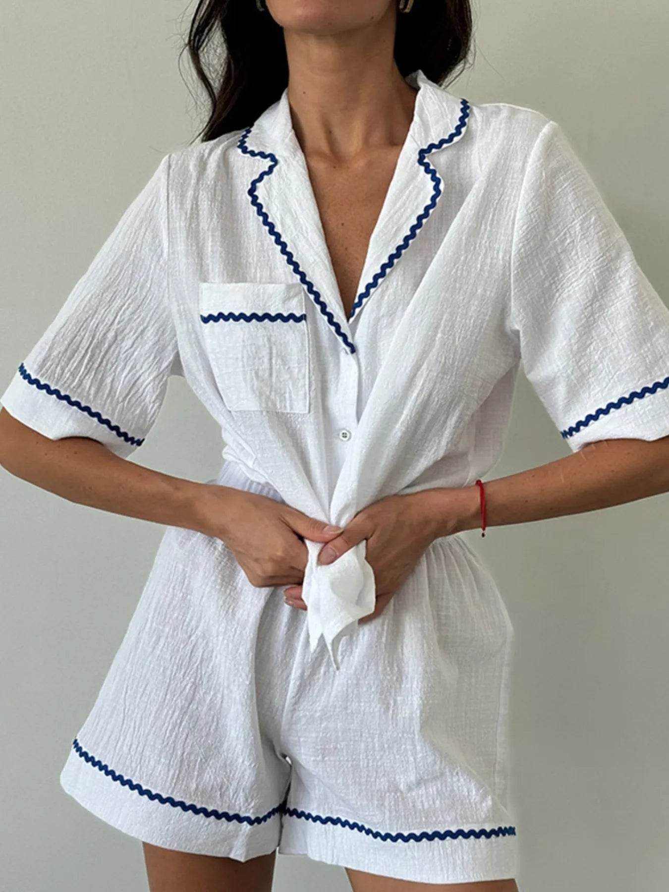 Button Up Half Sleeve Top and Shorts Lounge Set - ELY VESSA LLC