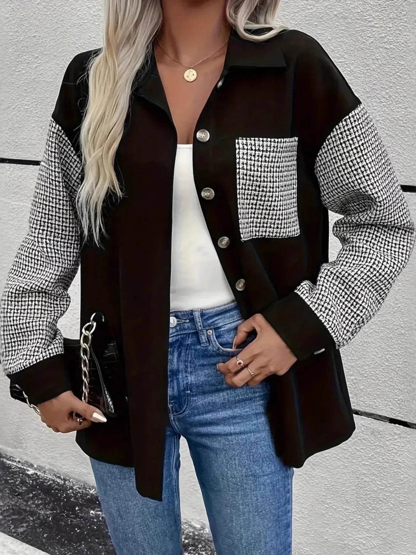 Houndstooth Contrast Button-Up Oversized Jacket - ELY VESSA LLC