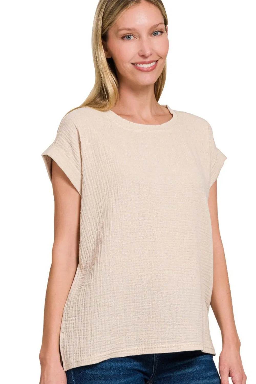 Zenana Double Gauze Round Neck Folded Short Sleeve Top - ELY VESSA LLC