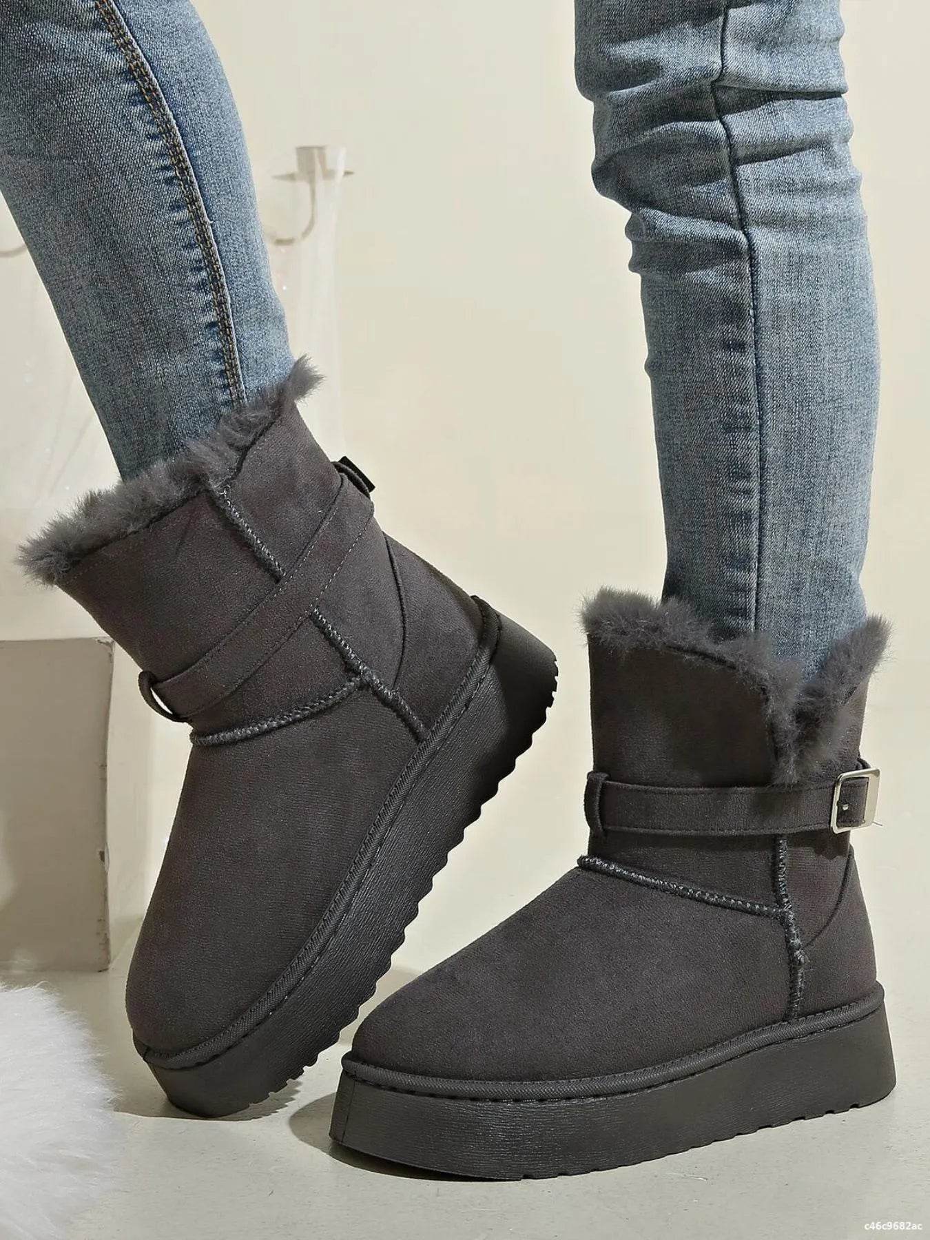 Fur Lining Ankle Boots with Buckle Strap - ELY VESSA LLC