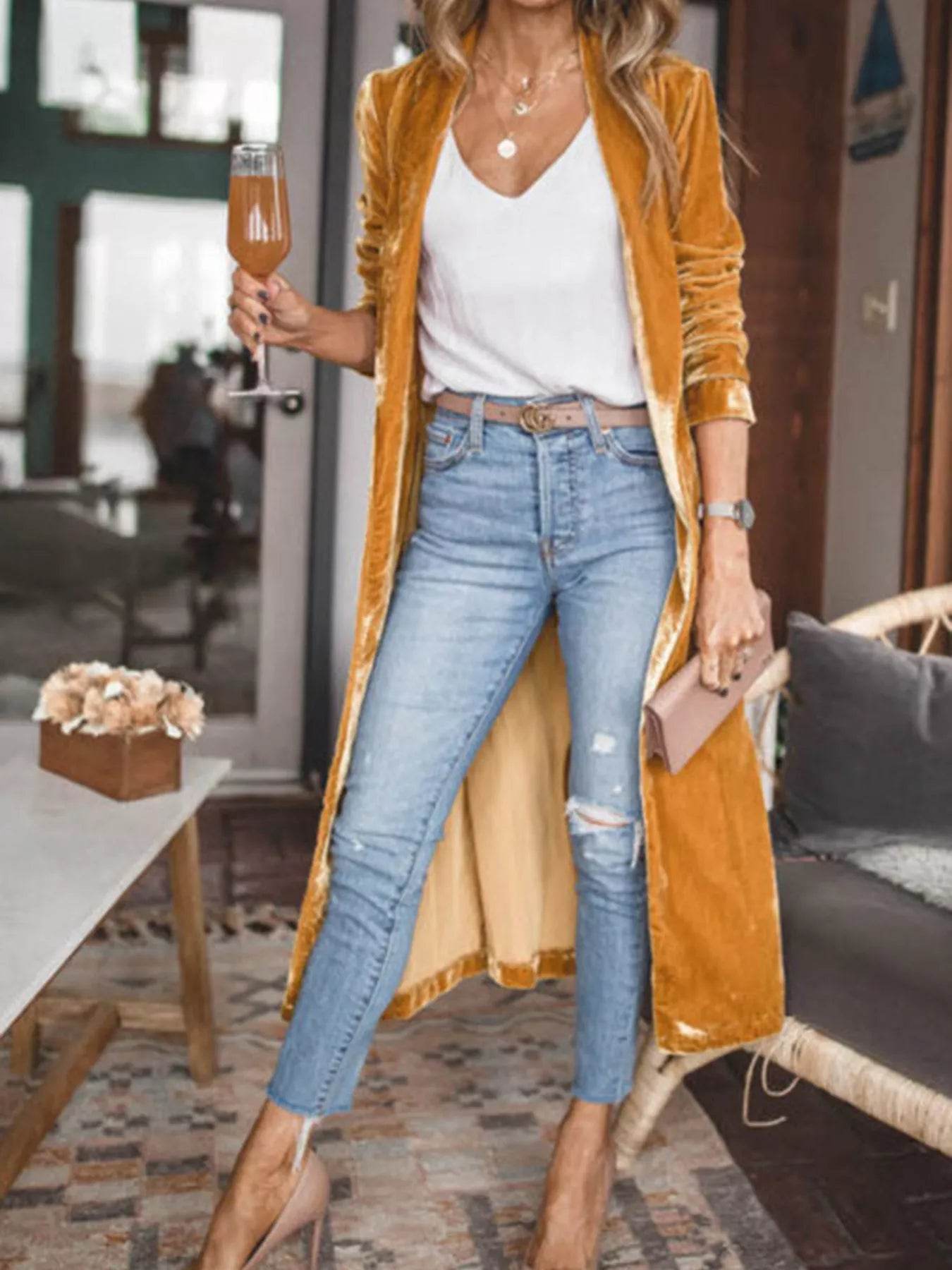 Open Front Long Sleeve Longline Cardigan - ELY VESSA LLC