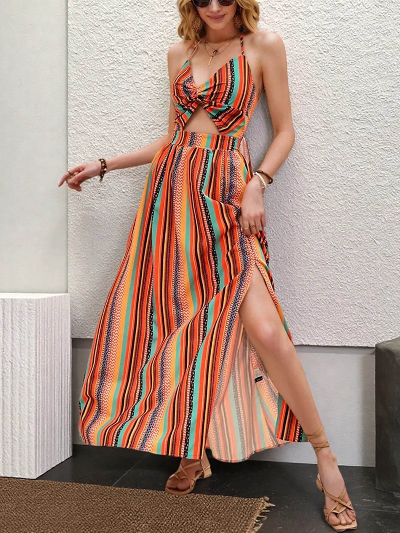 Striped Halter Maxi Dress with Cutout Detail - ELY VESSA LLC