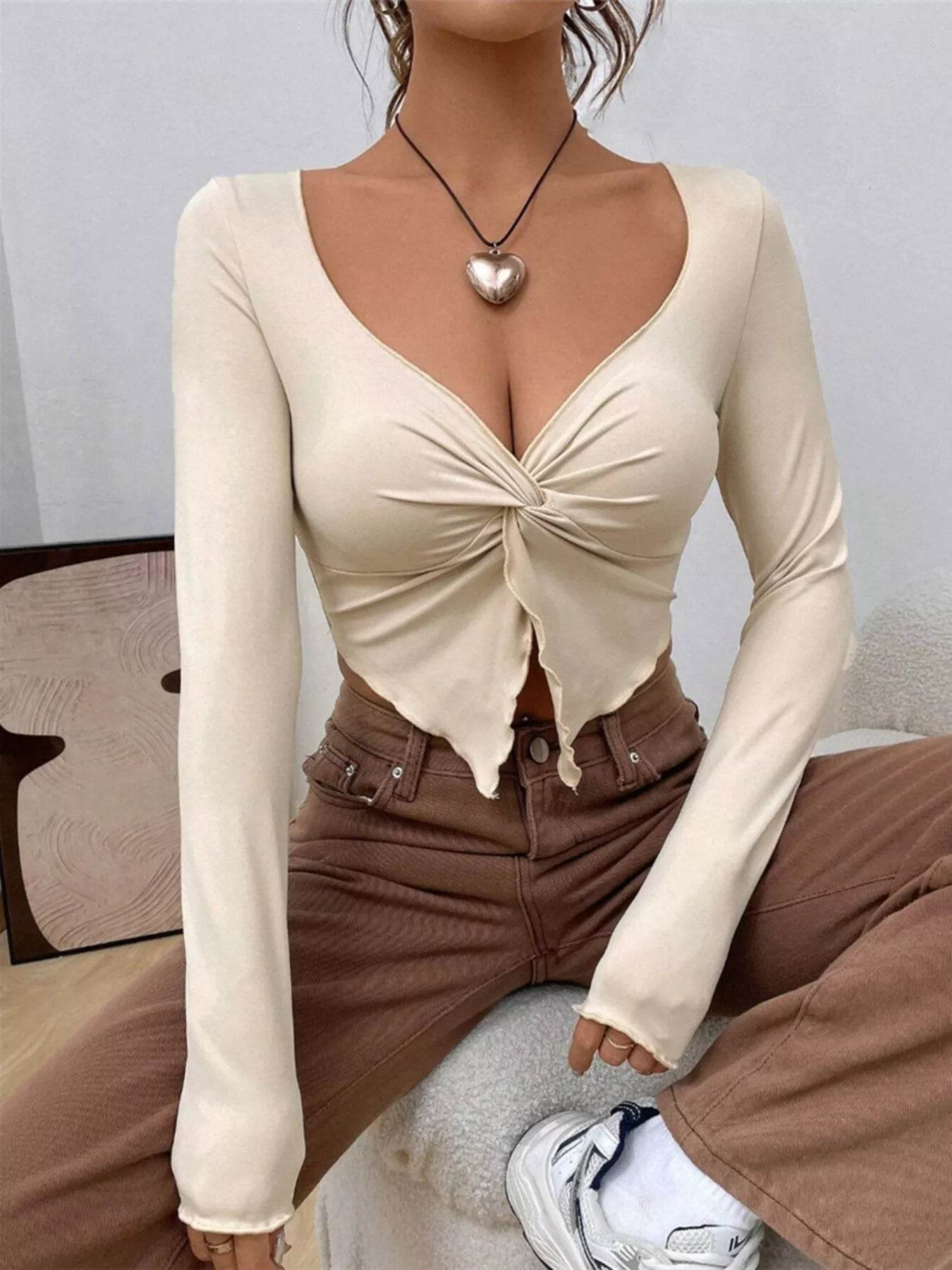 Twisted Front Long Sleeve T-Shirt - ELY VESSA LLC