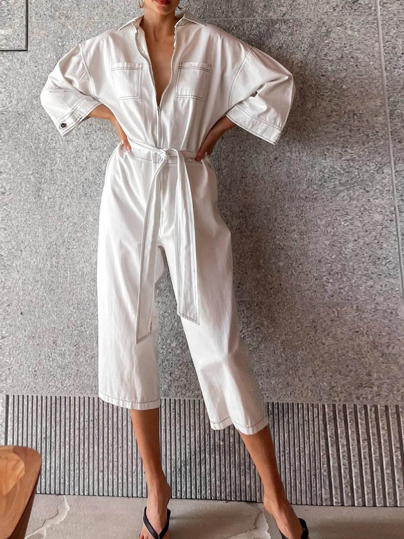 Tie Waist Wide Leg Jumpsuit - ELY VESSA LLC