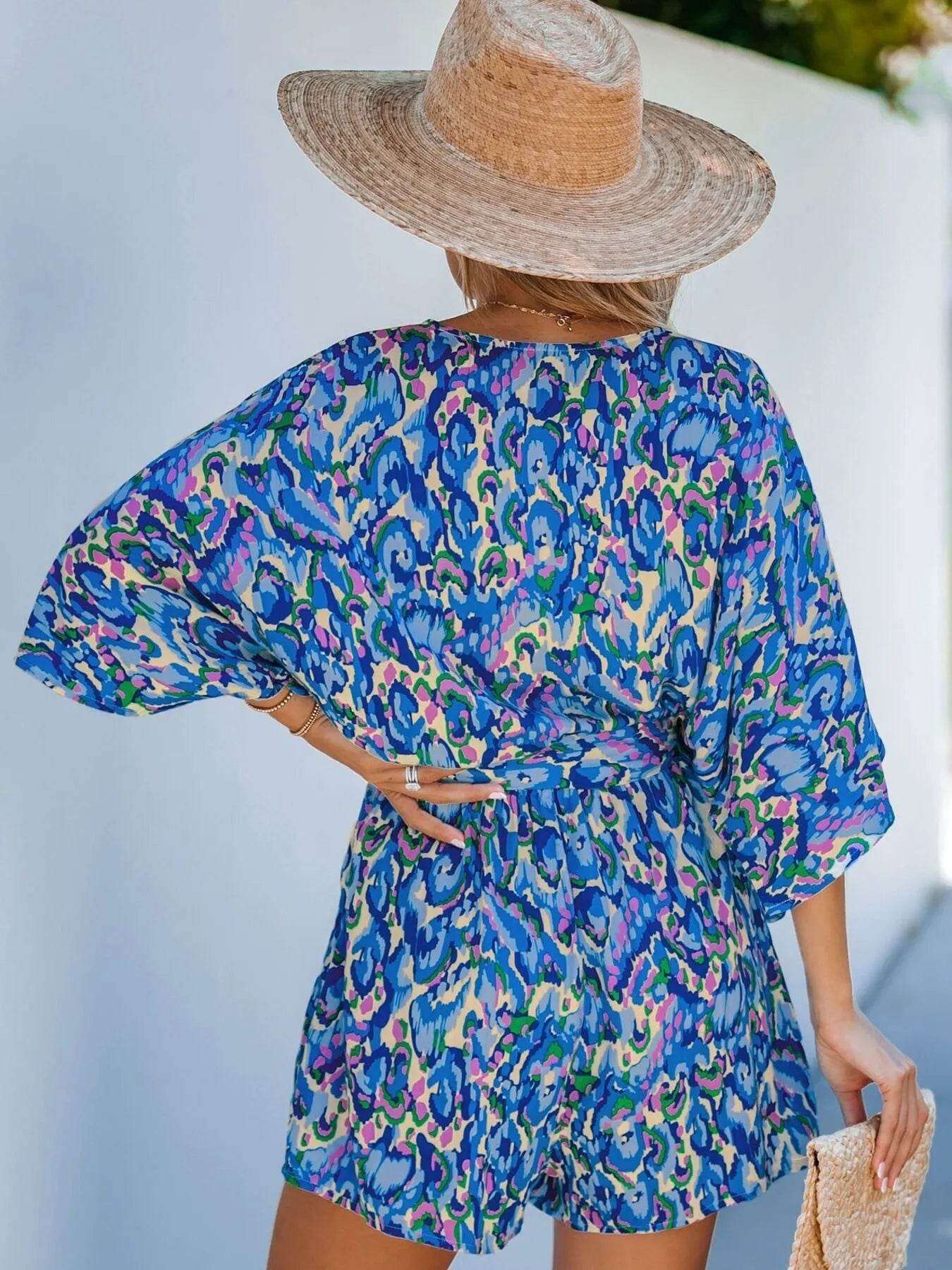 Bohemian Floral Print V-Neck Batwing Sleeve Romper - ELY VESSA LLC