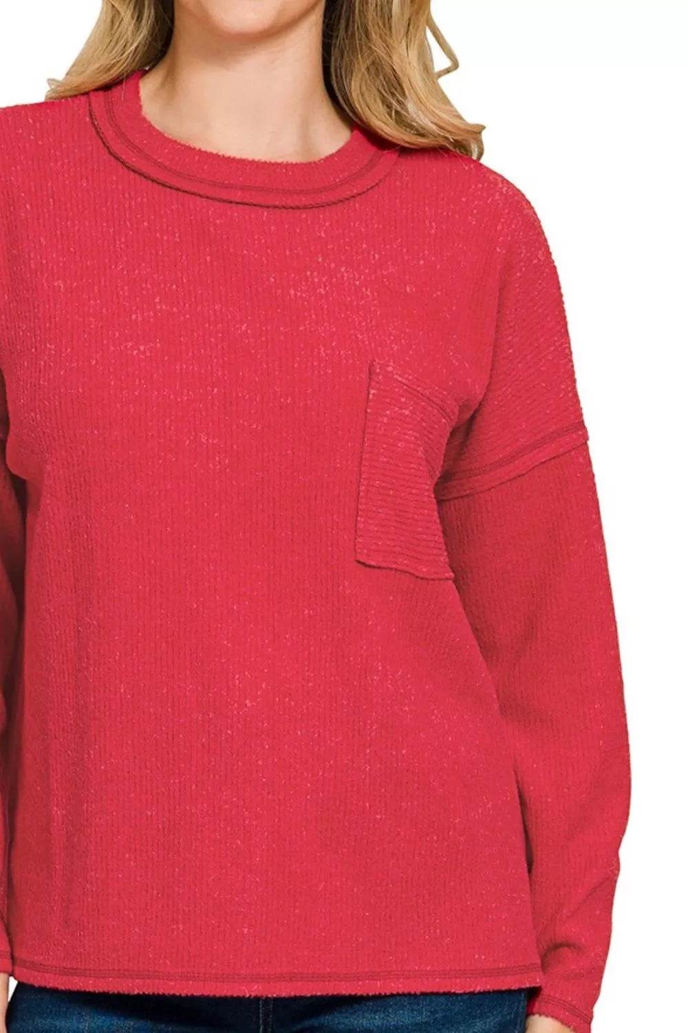 Zenana Ribbed Brushed Melange Hacci Sweater with Chest Pocket - ELY VESSA LLC