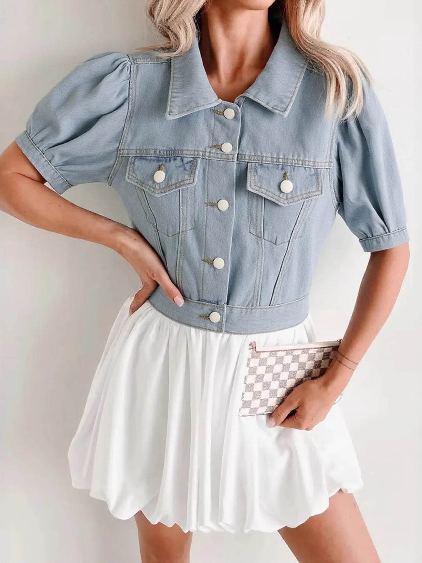 Button Up Puff Sleeve Cropped Denim Jacket - ELY VESSA LLC