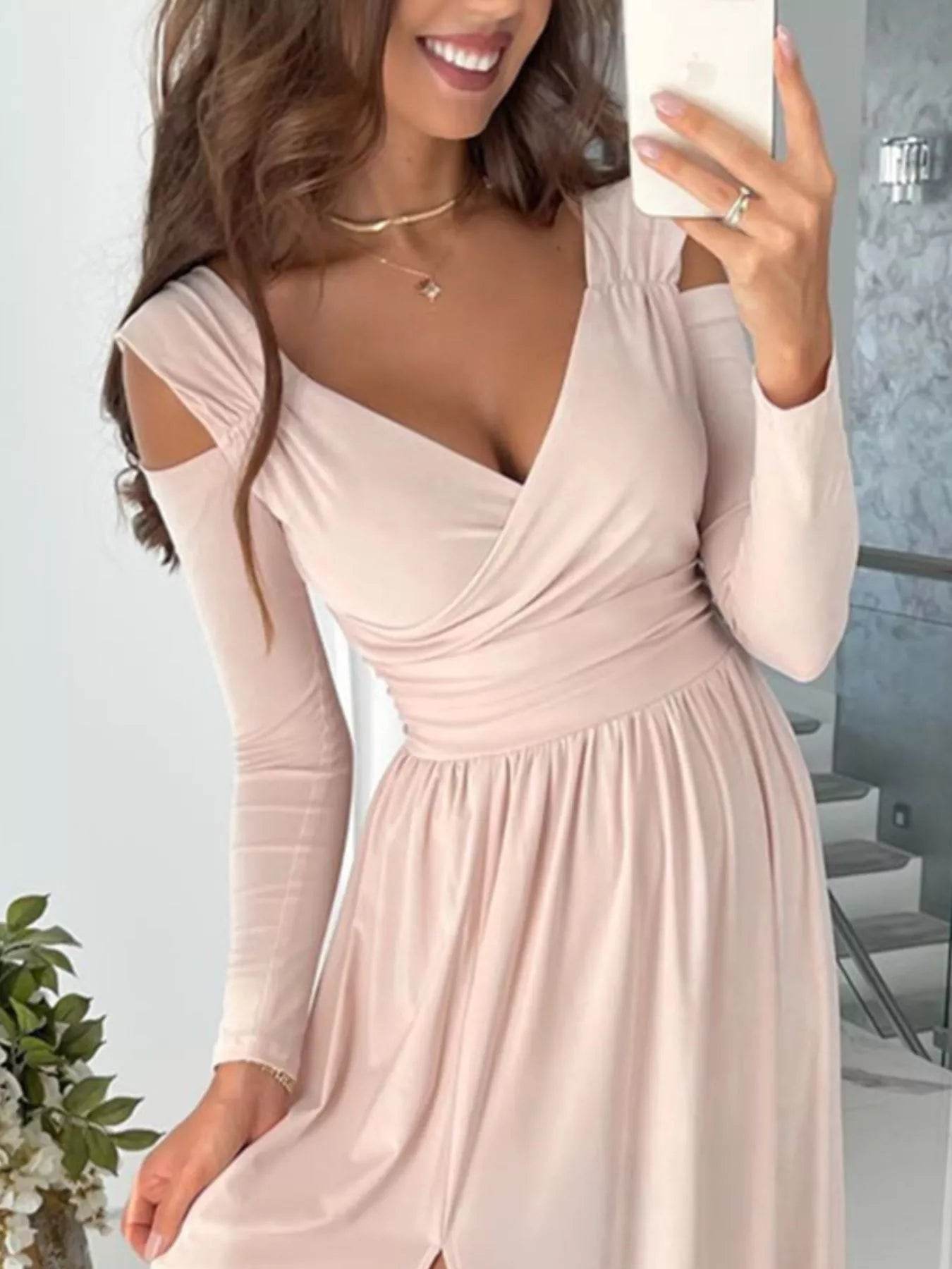 Slit Surplice Cold Shoulder Maxi Dress - ELY VESSA LLC