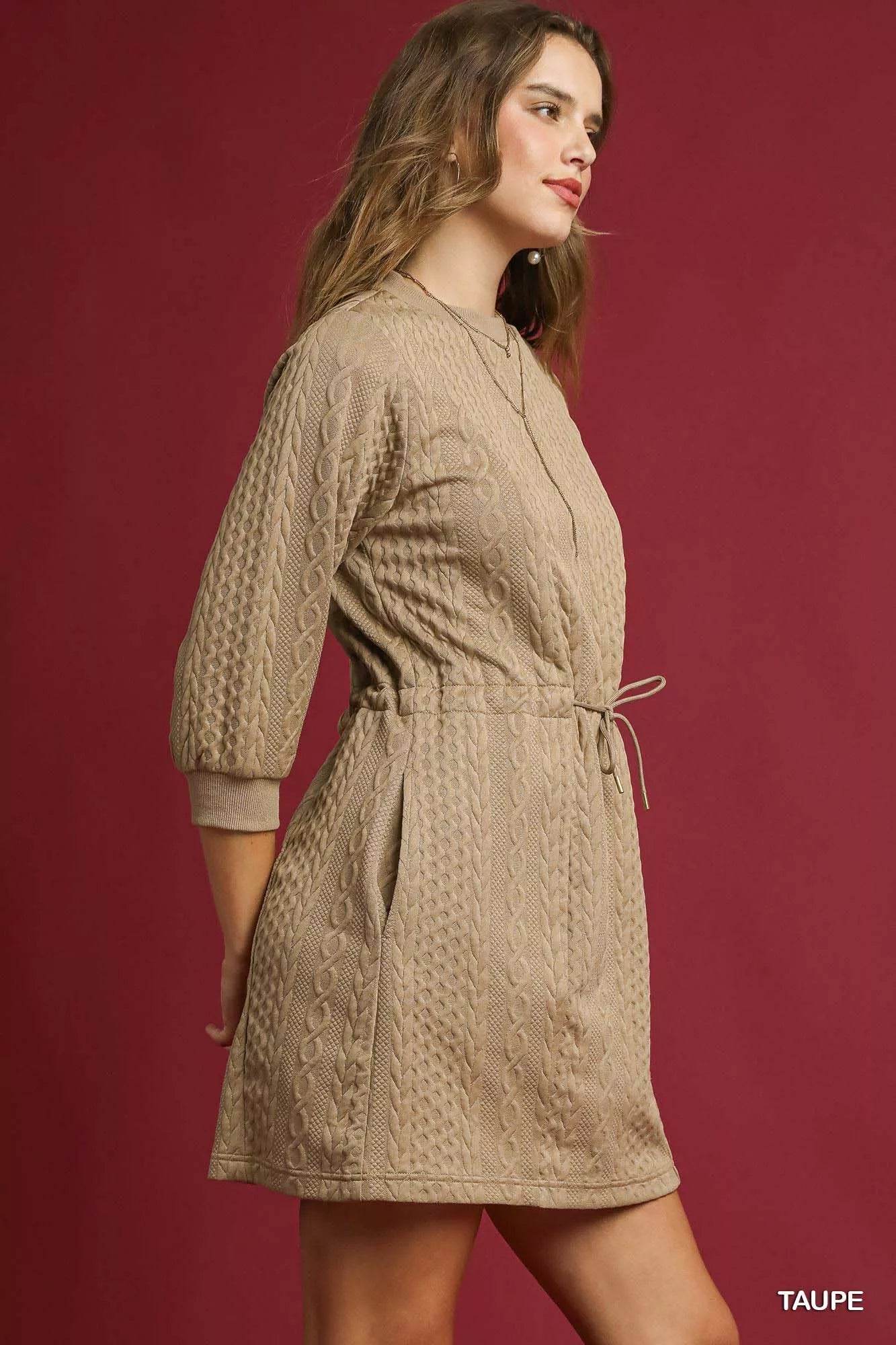 Umgee Drawstring Cable Knit Mini Dress with Pockets - ELY VESSA LLC