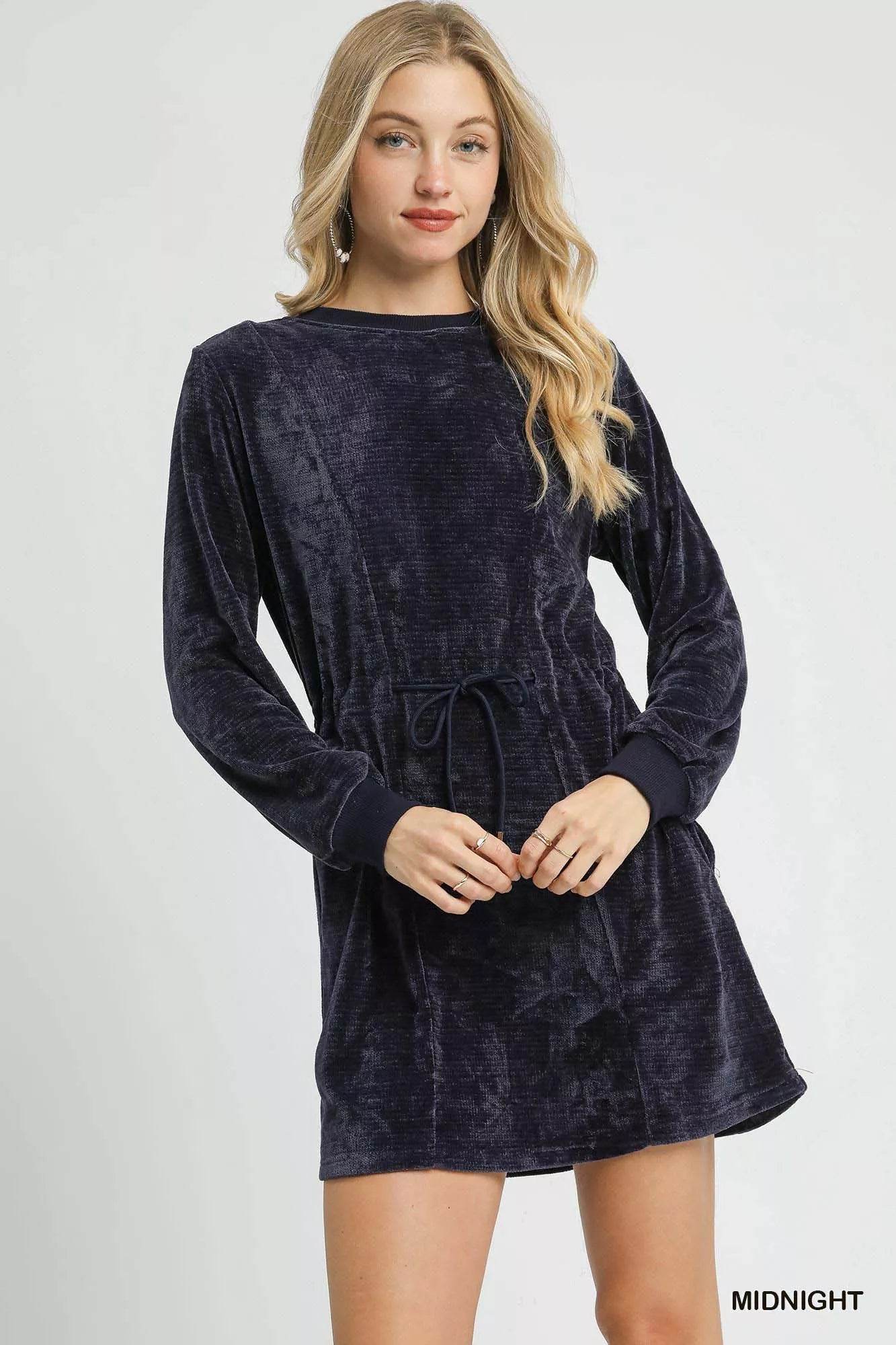 Umgee Velour Drawstring Mini Dress with Long Sleeves - ELY VESSA LLC