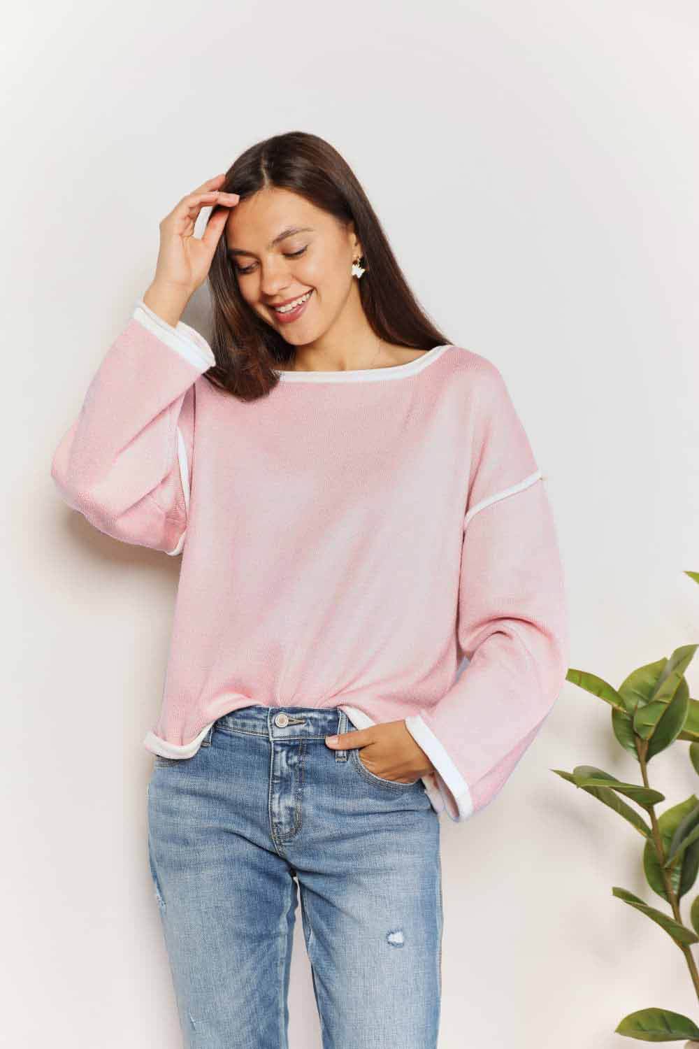 Angel Wings Contrast Detail Dropped Shoulder Knit Top - ELY VESSA LLC