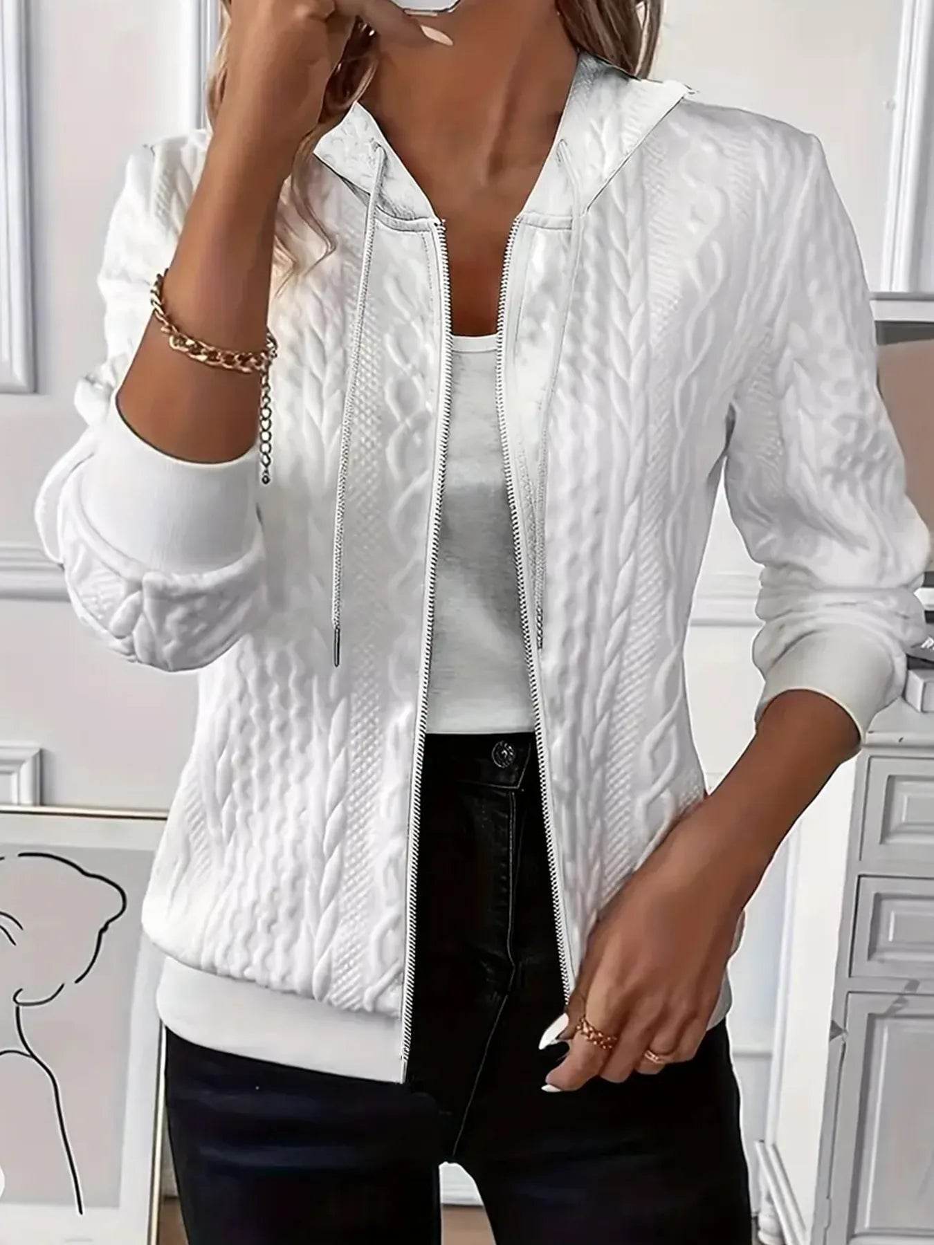 Drawstring Zip Up Hooded Jacket - ELY VESSA LLC
