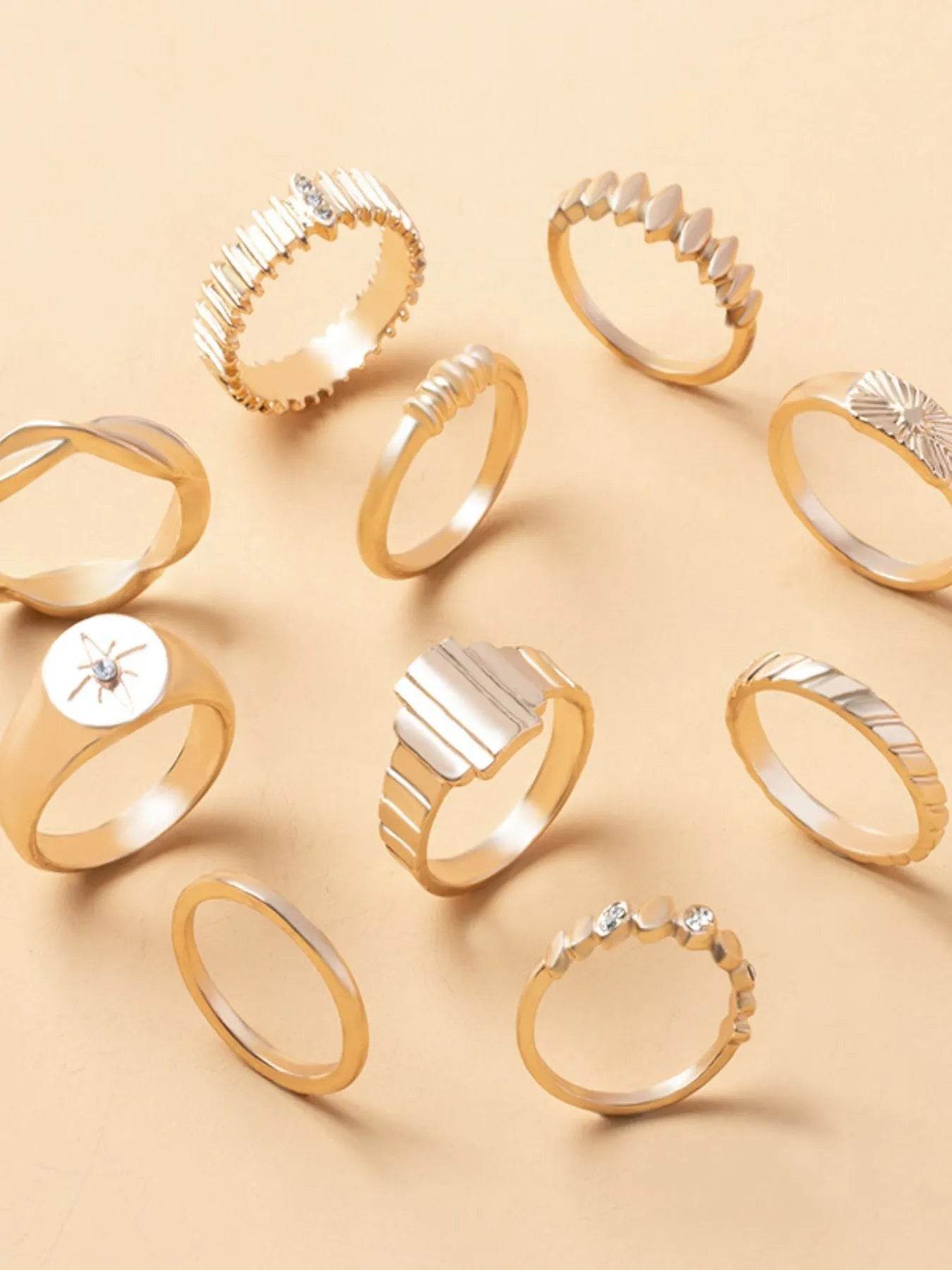 10-Piece 18K Gold-Plated Geometric Ring - ELY VESSA LLC