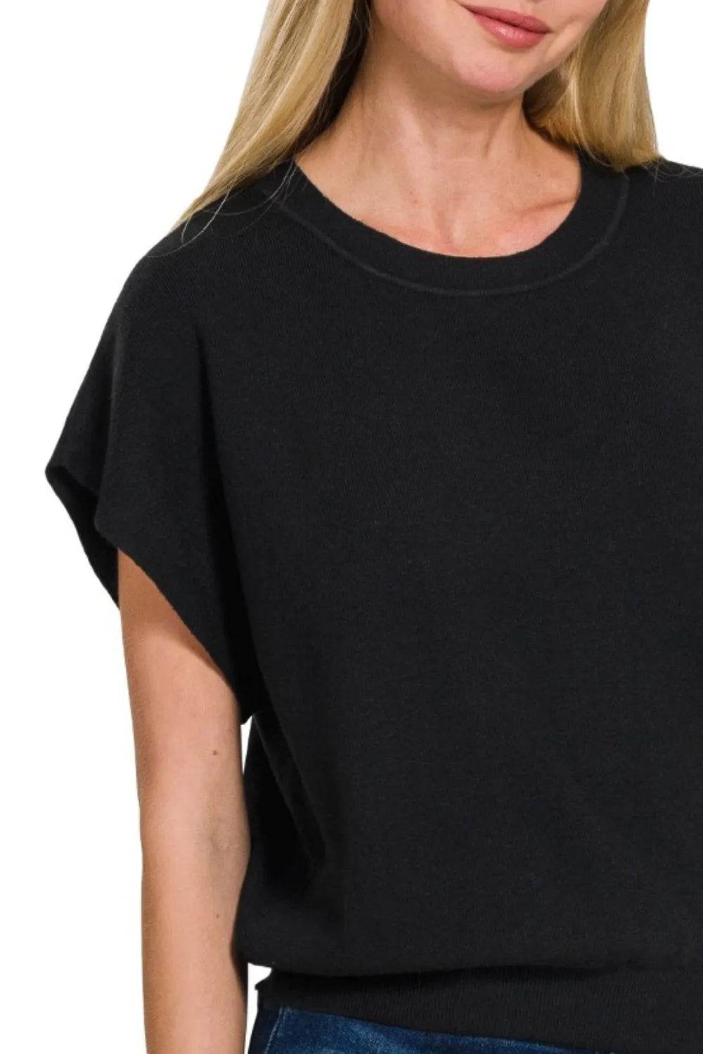 Zenana Round Neck Short Dolman Sleeve Sweater - ELY VESSA LLC