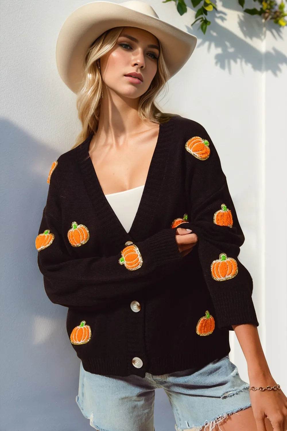 Double Take Full Size Pumpkin Button Up Long Sleeve Cardigan - ELY VESSA LLC