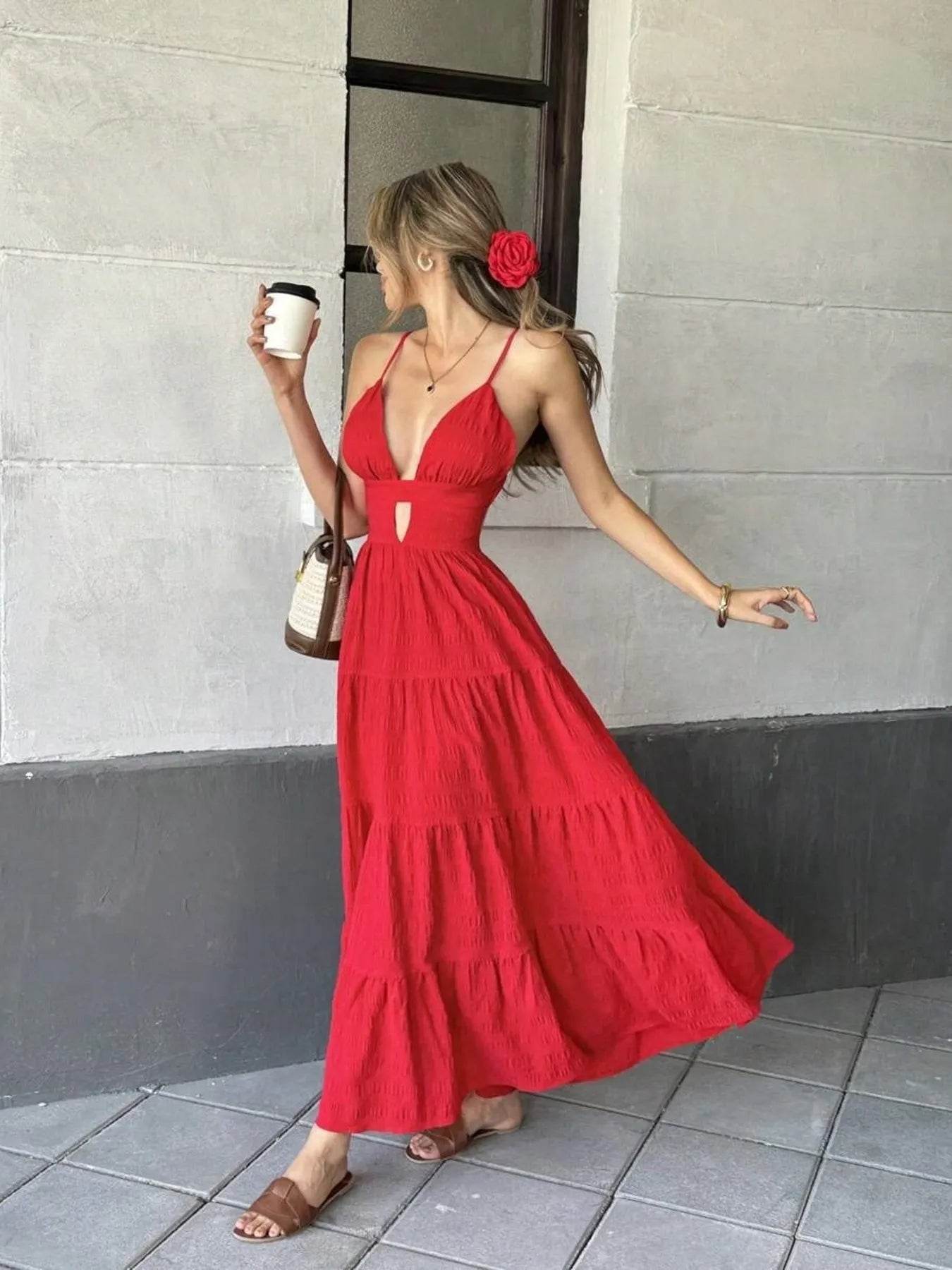 Tiered Maxi Dress with Cutout Detail - ELY VESSA LLC