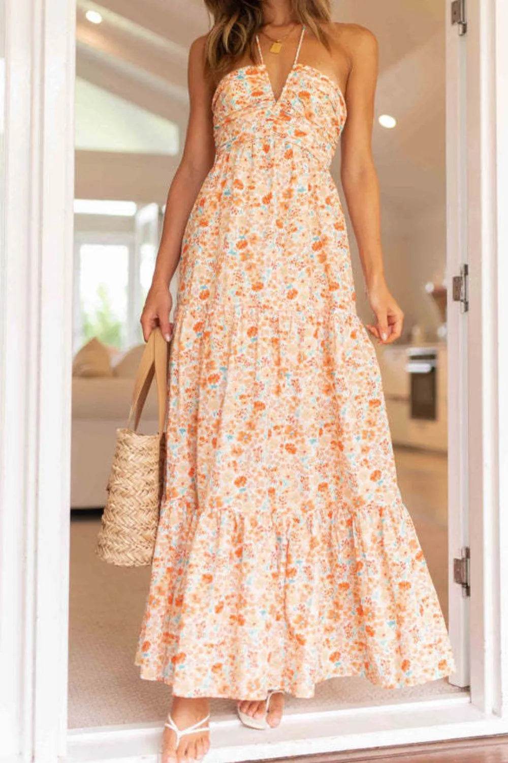 Tiered Halter Neck Printed Cami Dress - ELY VESSA LLC