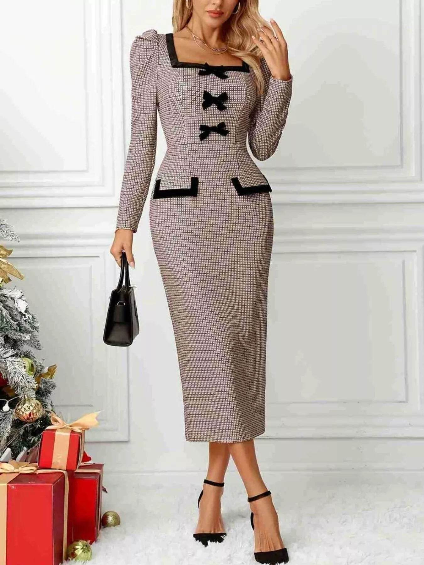 Houndstooth Bow Square Neck Dress - ELY VESSA LLC