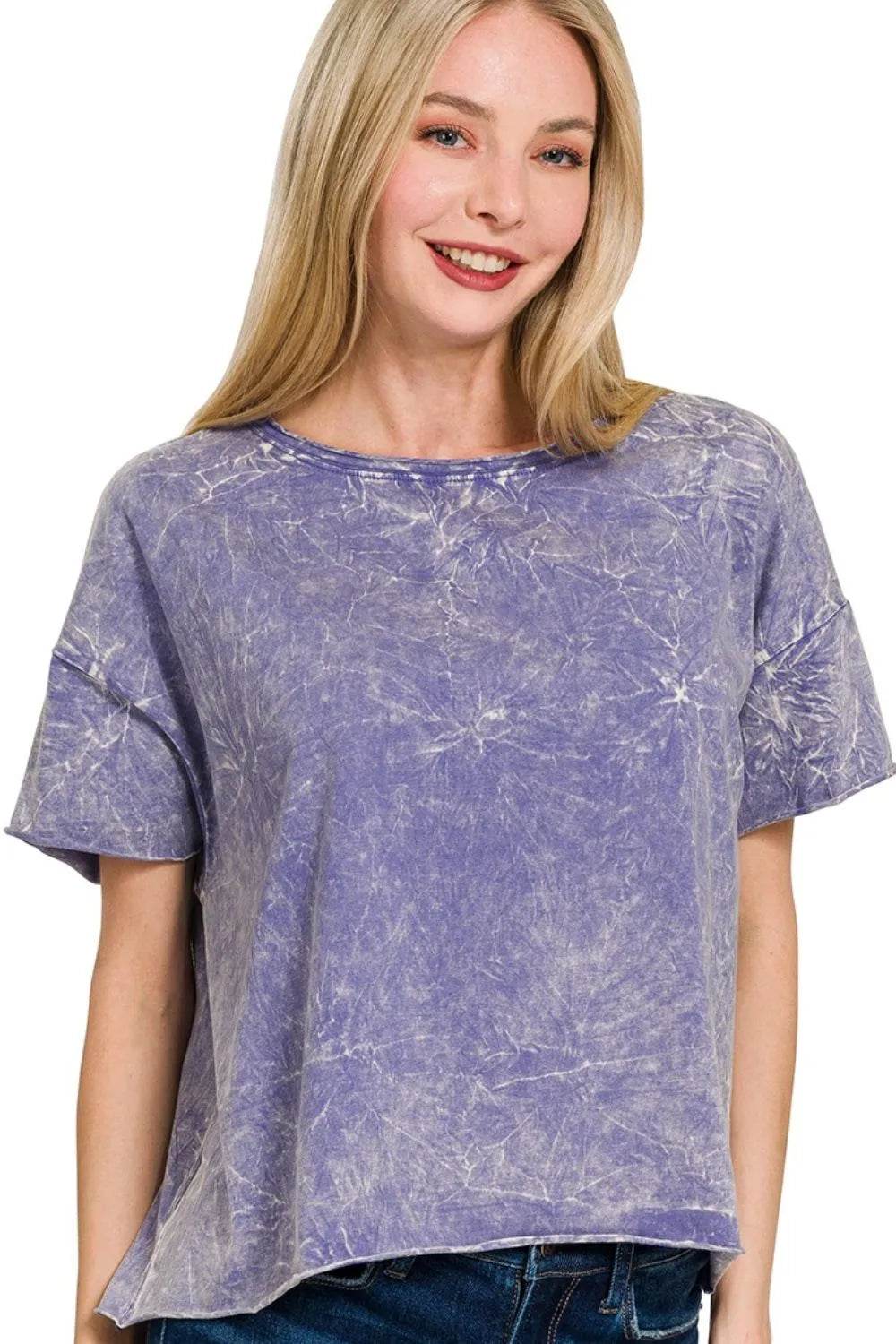 Zenana Washed Crew Neck Short Sleeve Crop Box Tee - ELY VESSA LLC
