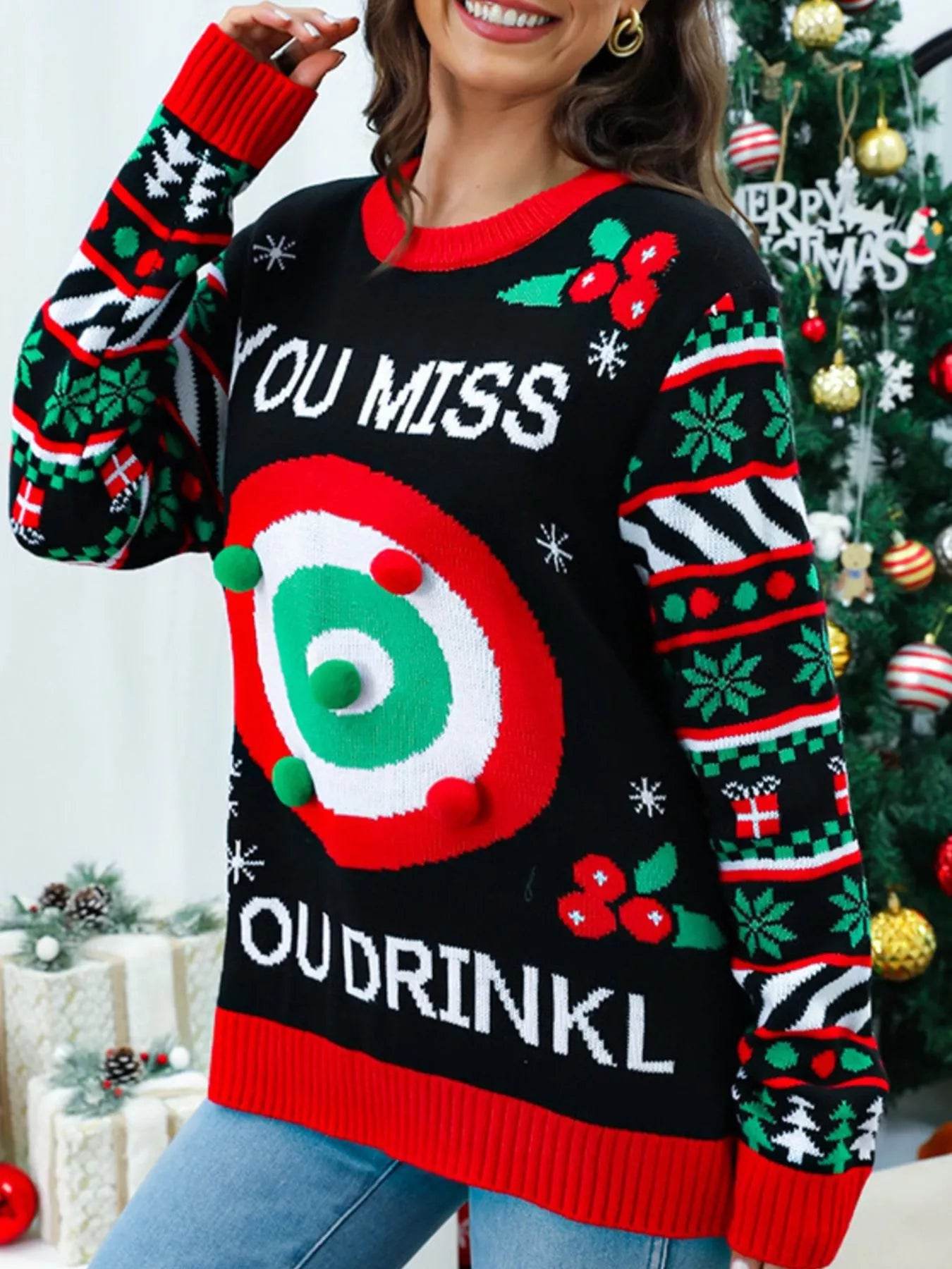 Christmas Ribbed Hem Long Sleeve Sweater - ELY VESSA LLC