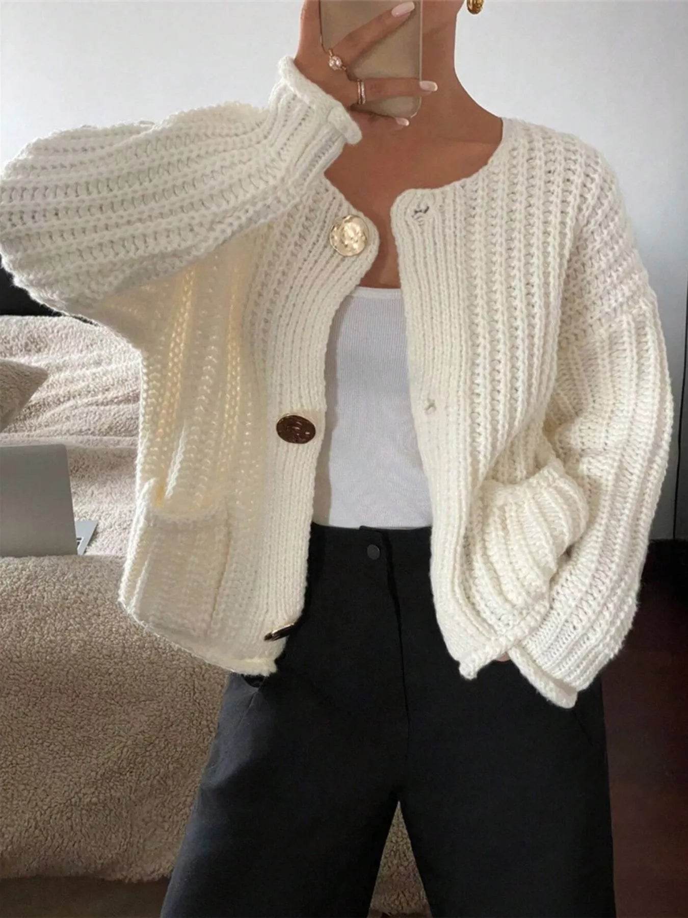 Button Up Dropped Shoulder Cardigan - ELY VESSA LLC