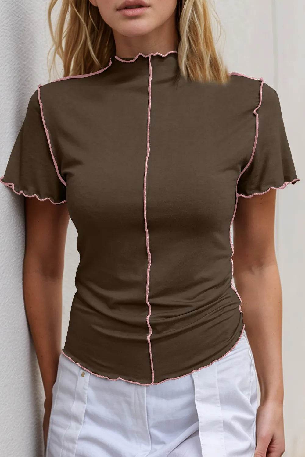 Basic Bae Contrast Trim Mock Neck Short Sleeve T-Shirt - ELY VESSA LLC