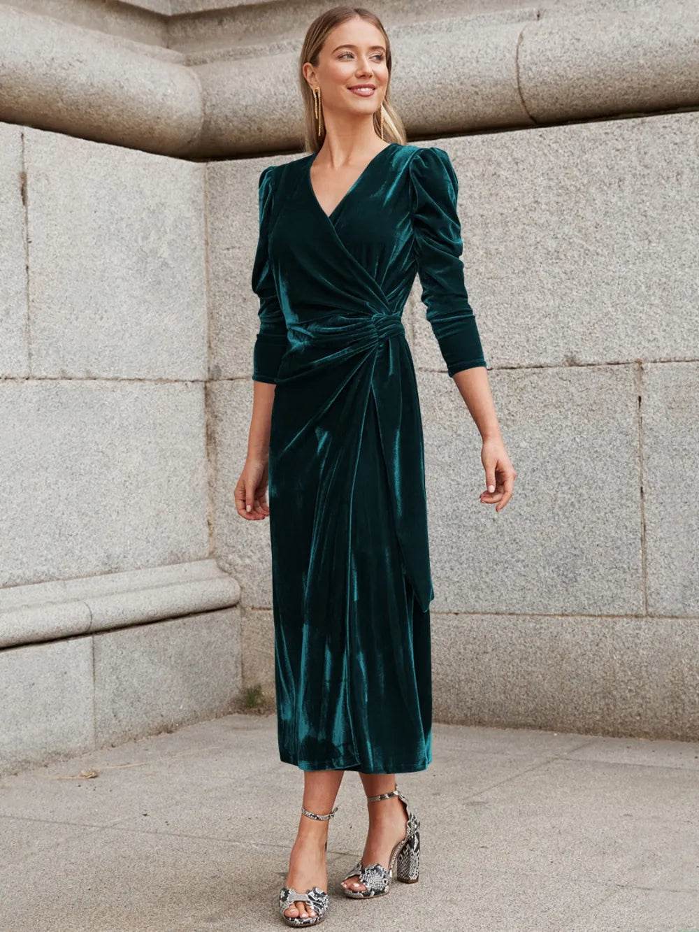 Surplice Puff Sleeve Midi Dress - ELY VESSA LLC