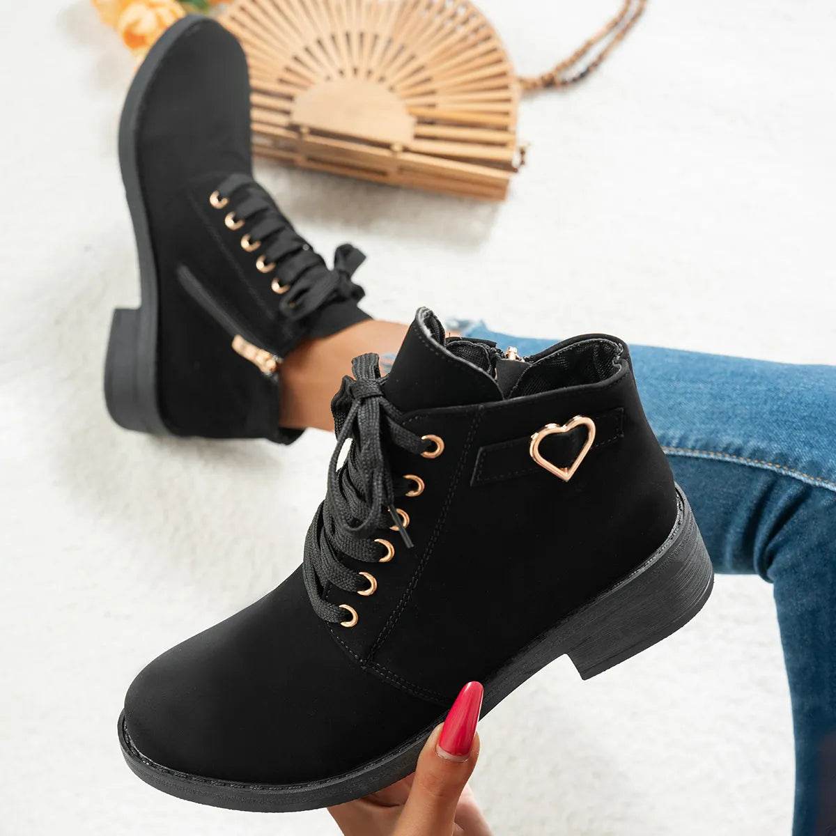 Lace-Up Ankle Boots with Heart Charm Detail - ELY VESSA LLC