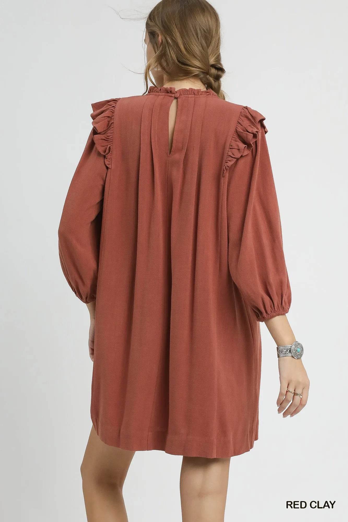Umgee Linen Ruffle Shoulder Pleated Babydoll Dress - ELY VESSA LLC