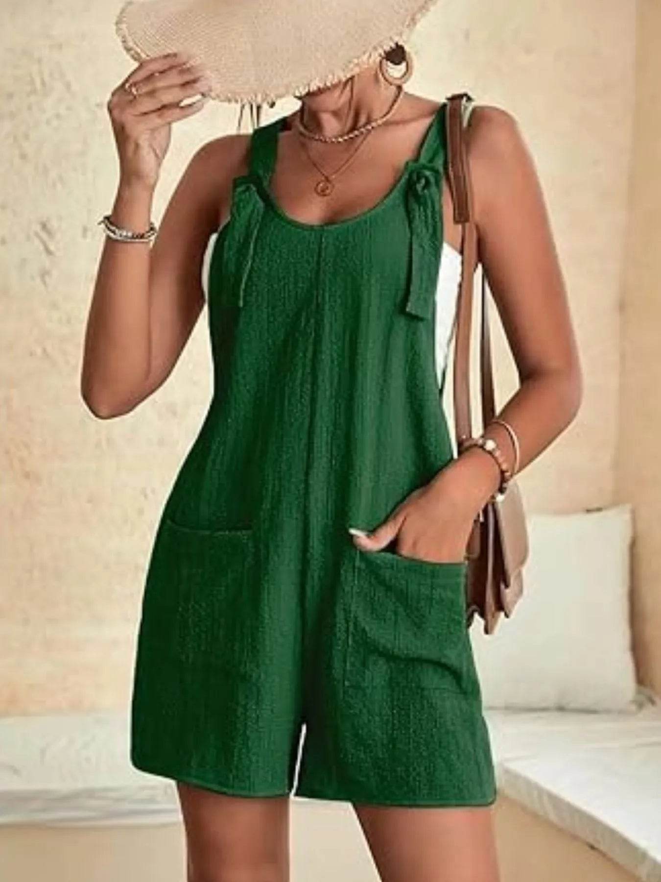 Full Size Knot Strap Romper with Pockets Plus Size - ELY VESSA LLC