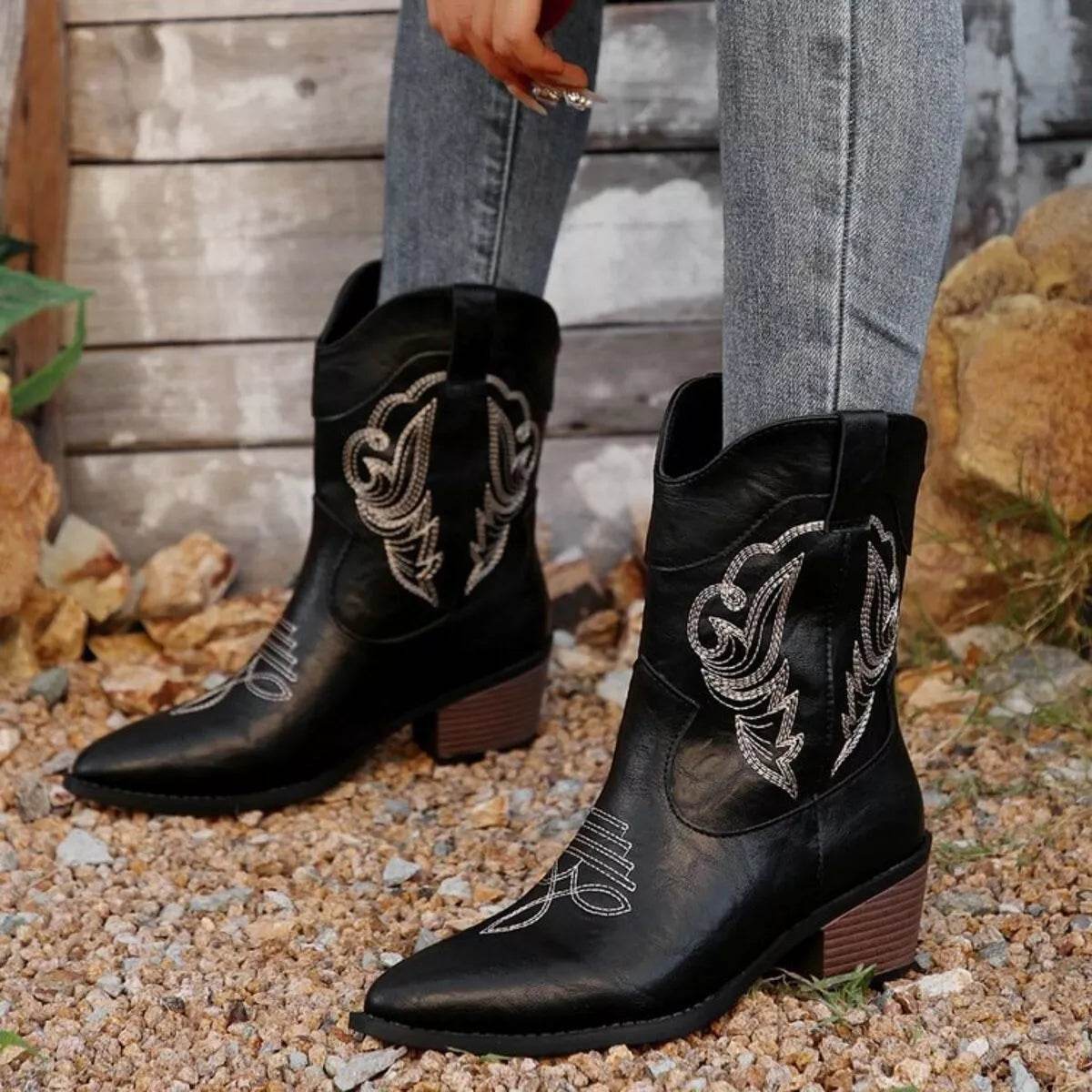 Western Cowboy Boots with Embroidered Design - ELY VESSA LLC