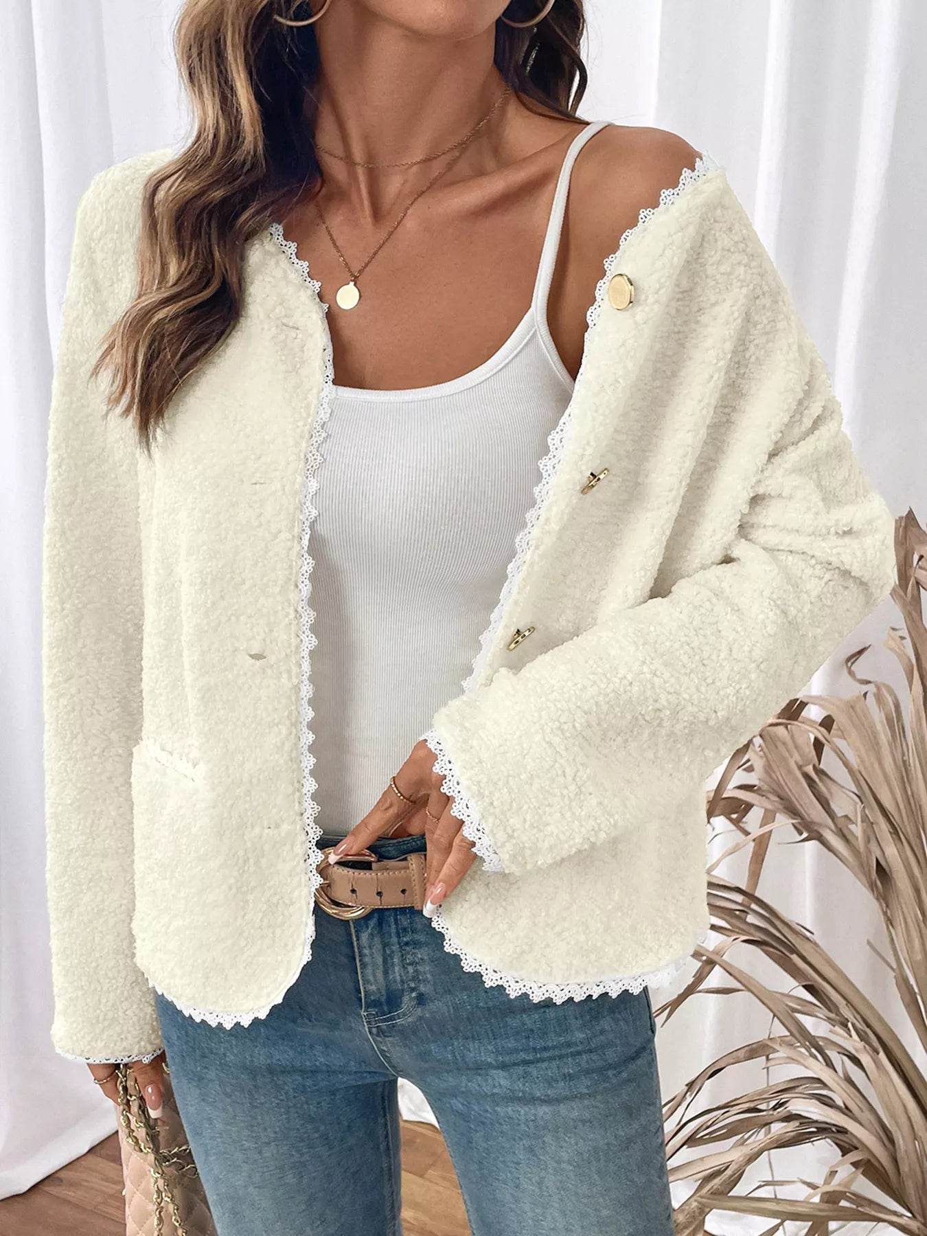 Lace Detail Button Up Long Sleeve Outerwear - ELY VESSA LLC