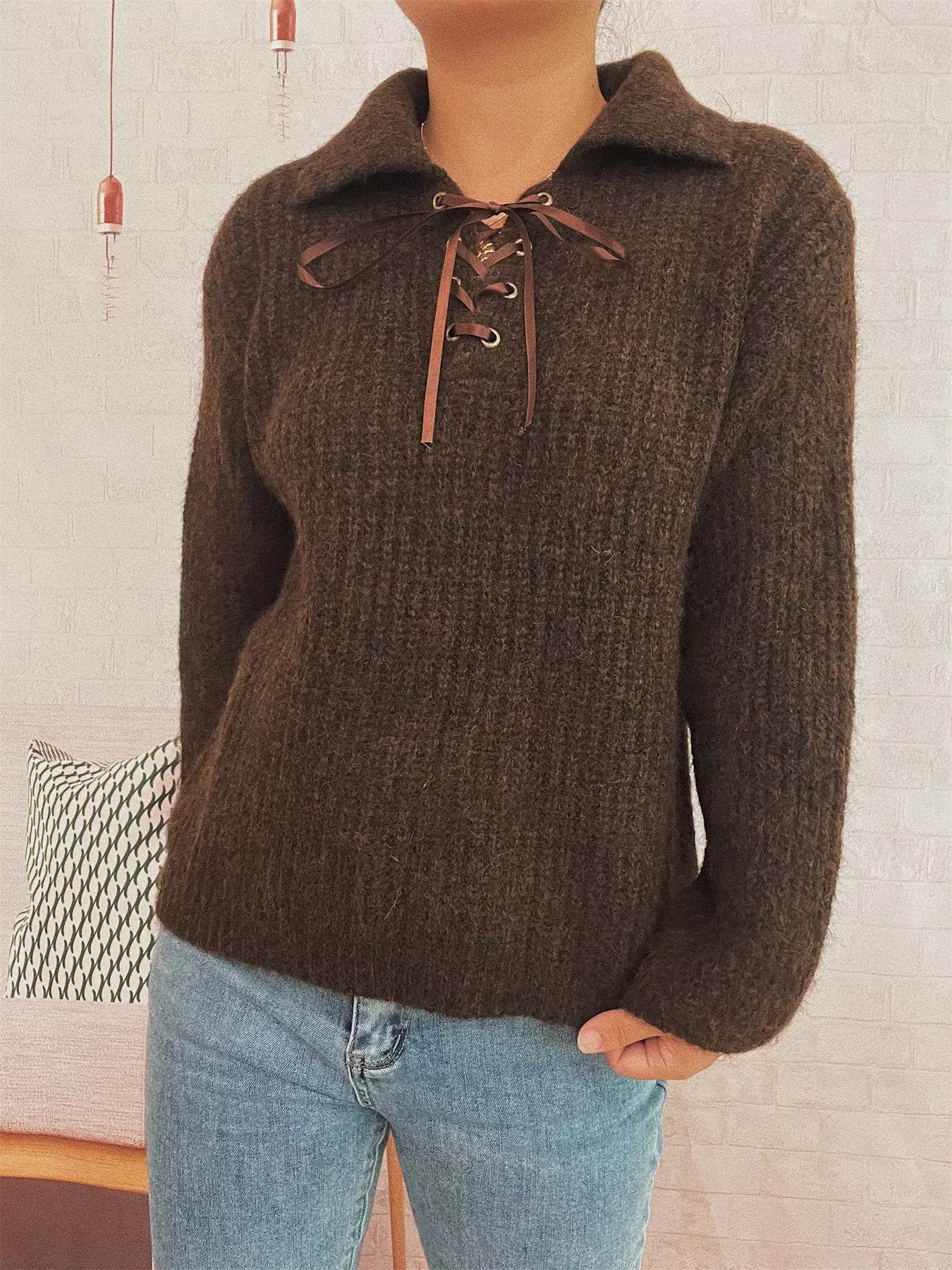 Lace Up Long Sleeve Sweater - ELY VESSA LLC