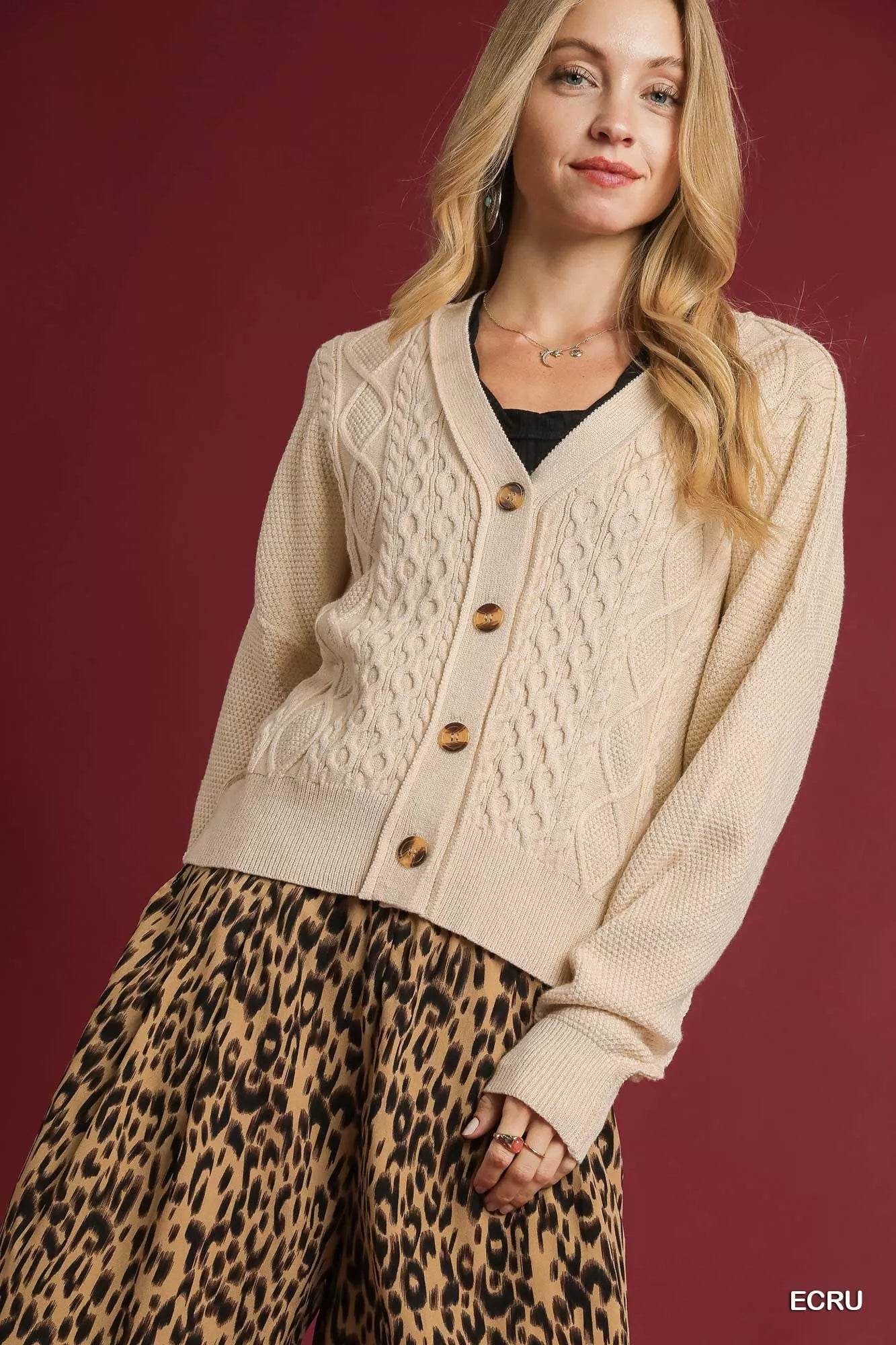 Umgee Chunky Cable Knit V-Neck Button-Up Cardigan - ELY VESSA LLC