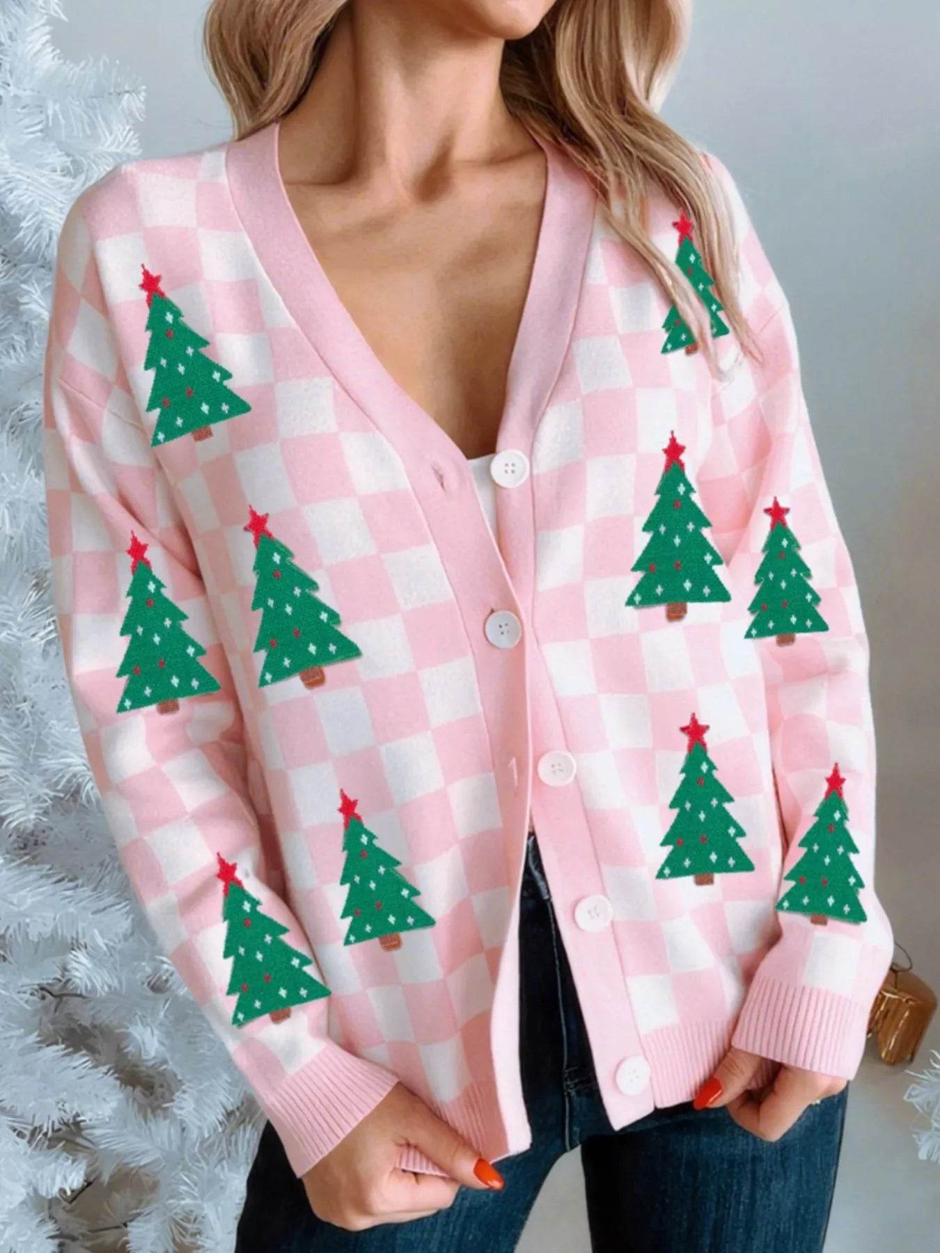 Christmas Tree Pattern Checkered Button V Neck Cardigan - ELY VESSA LLC