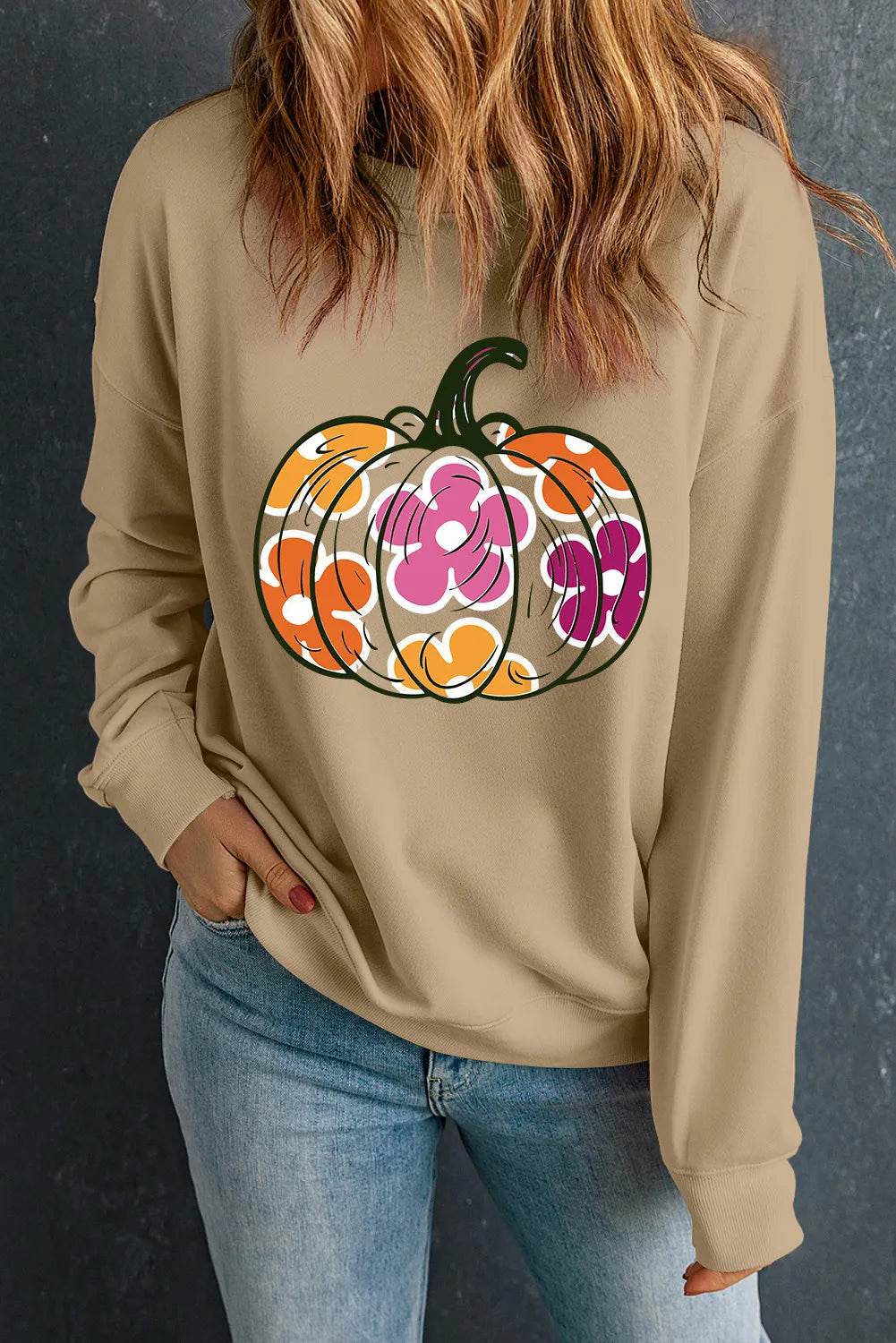 Pumpkin & Flower Graphic Long Sleeve Sweatshirt - ELY VESSA LLC