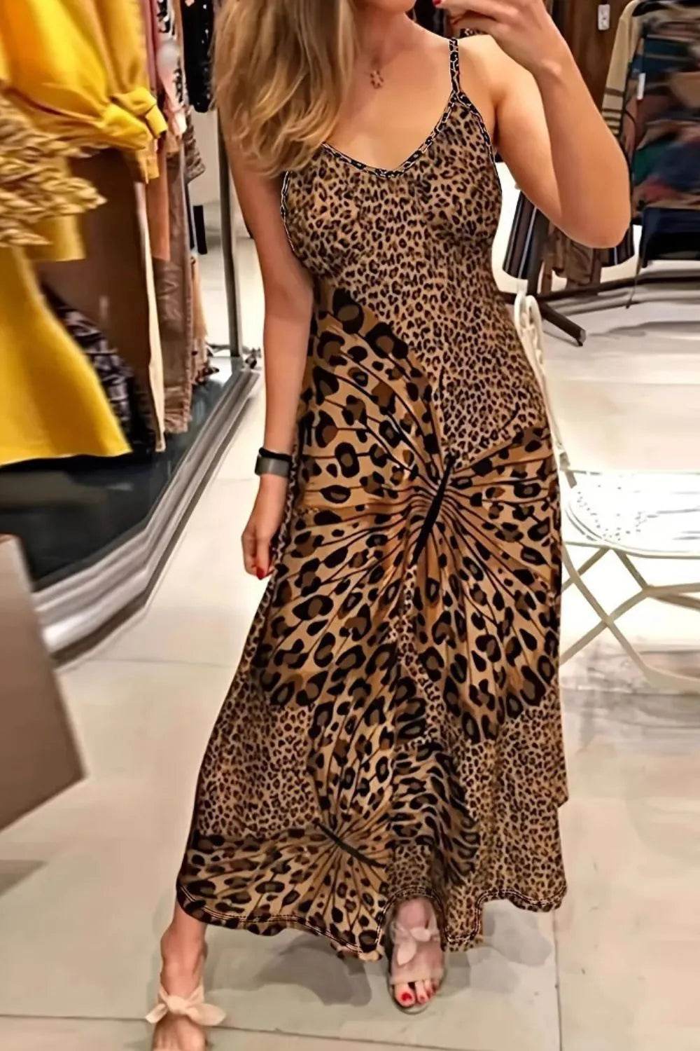 Butterfly Leopard Maxi Cami Dress - ELY VESSA LLC